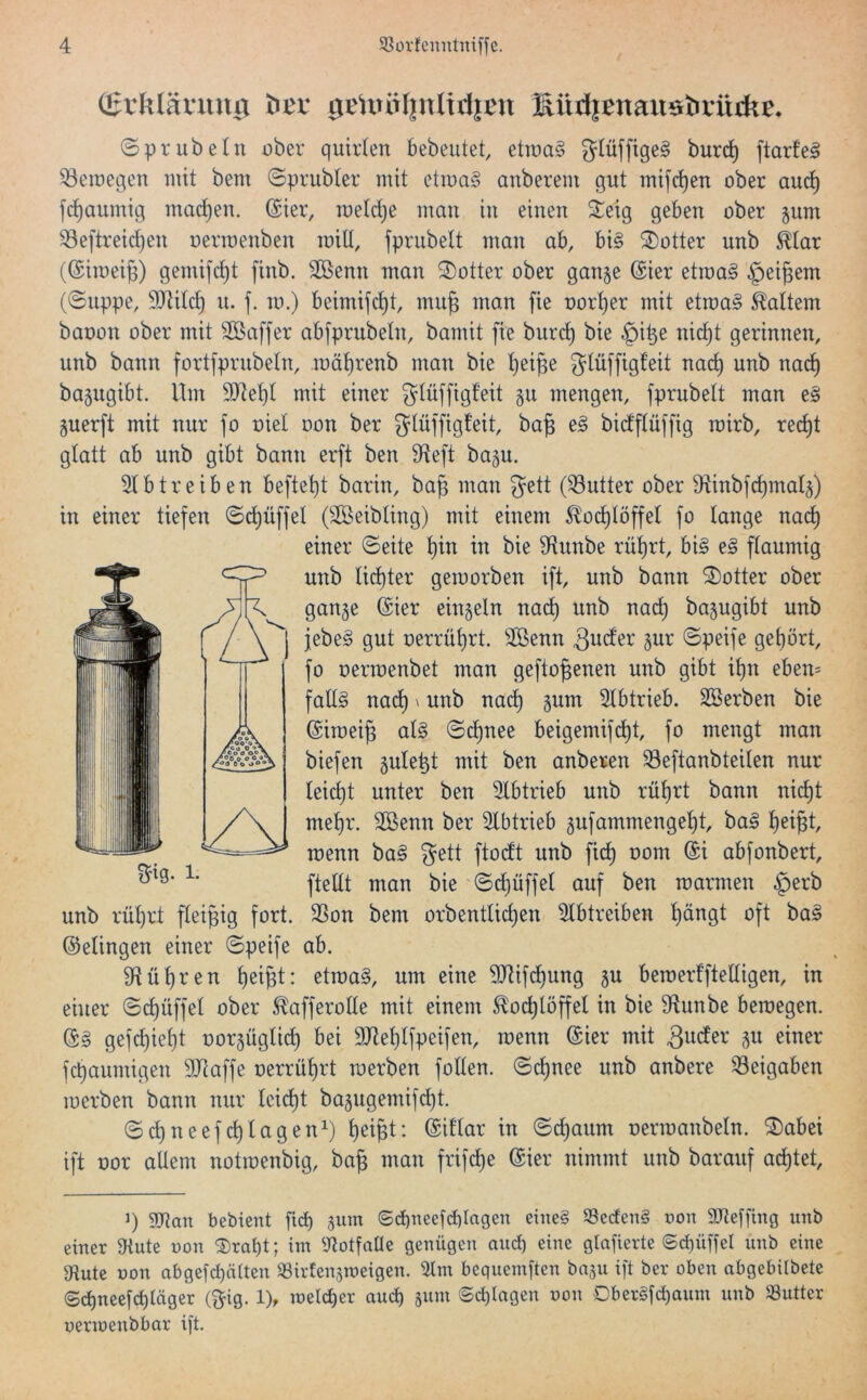 (ßvkläi-uuti öci- 0eUiiif|nIidji;n Küdjenausbrütkc. ©prubetu ober quirlen bebeutet, etraa§ glüfftge§ burc^ ftarfc^ 33eiuegen mit bem ©prubler mit etma§ anberem gut mifc^en ober au^ [(gaumig machen. @ier, roetdje man in einen 2^eig geben ober jum 33eftreic!^en oerroenben miü, fprubelt man ab, bi§ 2)otter unb ^tar (©iraei^) gemifd)t finb. Sßenn man Dotter ober gange @ier etraa§ §ei^em (Suppe, 93litc^ u. f. m.) beimijc^t, mu^ man fie oort)er mit etma§ Mattem baoon ober mit Söaffer ab[prubeln, bamit fie burd) bie §i^e nid)t gerinnen, unb bann fortfprubeln, roät)renb man bie ^eipe Jtüffigt'eit nac^ unb nac^ bagugibt. Um 9Jtet)l mit einer gtüffigfeit gu mengen, fprubelt man e§ guerft mit nur fo oiel oon ber bicfflüffig roirb, rec^t glatt ab unb gibt bann erft ben 9teft bagu. 5lbtreiben beftel)t barin, ba^ man gett (Butter ober 9tinbfd)malg) in einer tiefen Sd)üffel (Söeibling) mit einem ^od)löffel fo lange nad) einer Seite ^in in bie 9tunbe rüljrt, bi§ e§ flaumig unb lid)ter gemorben ift, unb bann S)otter ober gange @ier eingeln nac^ unb nad^ bagugibt unb jebe§ gut oerrü^rt. 3öenn ßuder gur Speife gel)ört, fo oerroenbet man gefto^enen unb gibt il)n ebem falls nac^ ^ unb nac^ gum 5lbtrieb. Söerben bie (Siroei^ als Schnee beigemifc^t, fo mengt man biefen gule^t mit ben anberen ^eftanbteilen nur leicht unter ben 5lbtrieb unb rül)rt bann nic^t me^r. Sßenn ber Slbtrieb gufammengel)t, baS l)ei^t, menn baS gett ftodt unb fic^ oom @i abfonbert, ftellt man bie Sd)üffel auf ben roarmen §erb unb rul)rt fleipig fort. 23on bem orbentlic^en ^btreiben ^ängt oft baS Gelingen einer Speife ab. 9ftül)ren l)eigt: etroaS, um eine SJtifc^ung gu beraerfftelligen, in einer Sd)üffel ober ^afferolle mit einem ^od)löffel in bie S^lunbe beroegen. ($S gefd)iel}t oorgügli(^ bei 9Jlel)lfpeifen, menn @ier mit fd)aumigen SJtaffe oerrül)rt merben follen. Sd)nee unb anbere Beigaben merben bann nur lcid)t bagugemifd)t. Sd)neefd)lagen^) t)eipt: ©iflar in Schaum oermanbeln. (I)abei ift oor allem notmenbig, ba§ man frif^e @ier nimmt unb barauf ad)tet. gig. 1. 1) aJian bebient fid) gum ©d)uecfcl)Iagen eines SSedenS oon STieffing unb einer Ütute oon ®rabt; im y^lotfaUe genügen and) eine glafierte ©d)üffel unb eine 9iute oon abge[d)älten 33irlengtoeigen, iilm bequemften bagu ift ber oben abgebilbete (Scbneefditäger (gig. 1), meld)er aud) gum ©d)Ingen oon DberSfd)aum unb ^Butter oermenbbar ift.