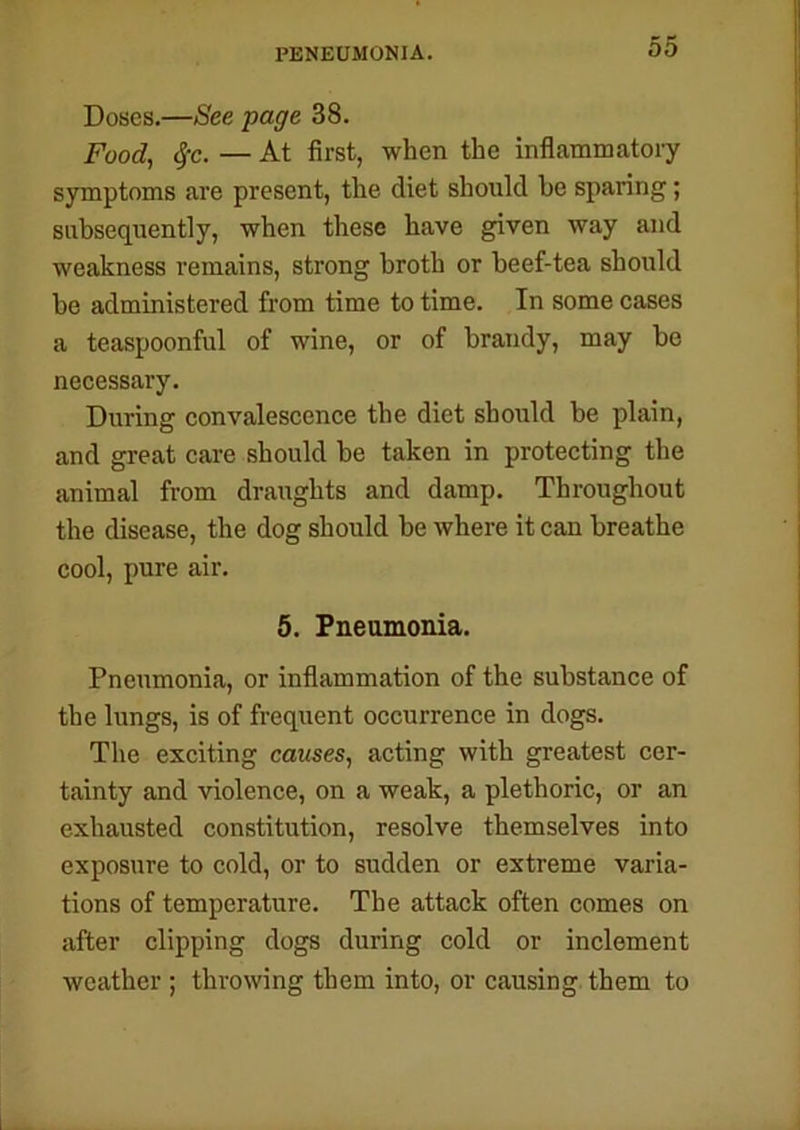 Doses.—See page 38. Food, #c. — At first, when the inflammatory symptoms are present, the diet should he sparing; subsequently, when these have given way and weakness remains, strong broth or beef-tea should be administered from time to time. In some cases a teaspoonful of wine, or of brandy, may be necessary. During convalescence the diet should be plain, and great care should be taken in protecting the animal from draughts and damp. Throughout the disease, the dog should be where it can breathe cool, pure air. 5. Pneumonia. Pneumonia, or inflammation of the substance of the lungs, is of frequent occurrence in dogs. The exciting causes, acting with greatest cer- tainty and violence, on a weak, a plethoric, or an exhausted constitution, resolve themselves into exposure to cold, or to sudden or extreme varia- tions of temperature. The attack often comes on after clipping dogs during cold or inclement weather ; throwing them into, or causing them to