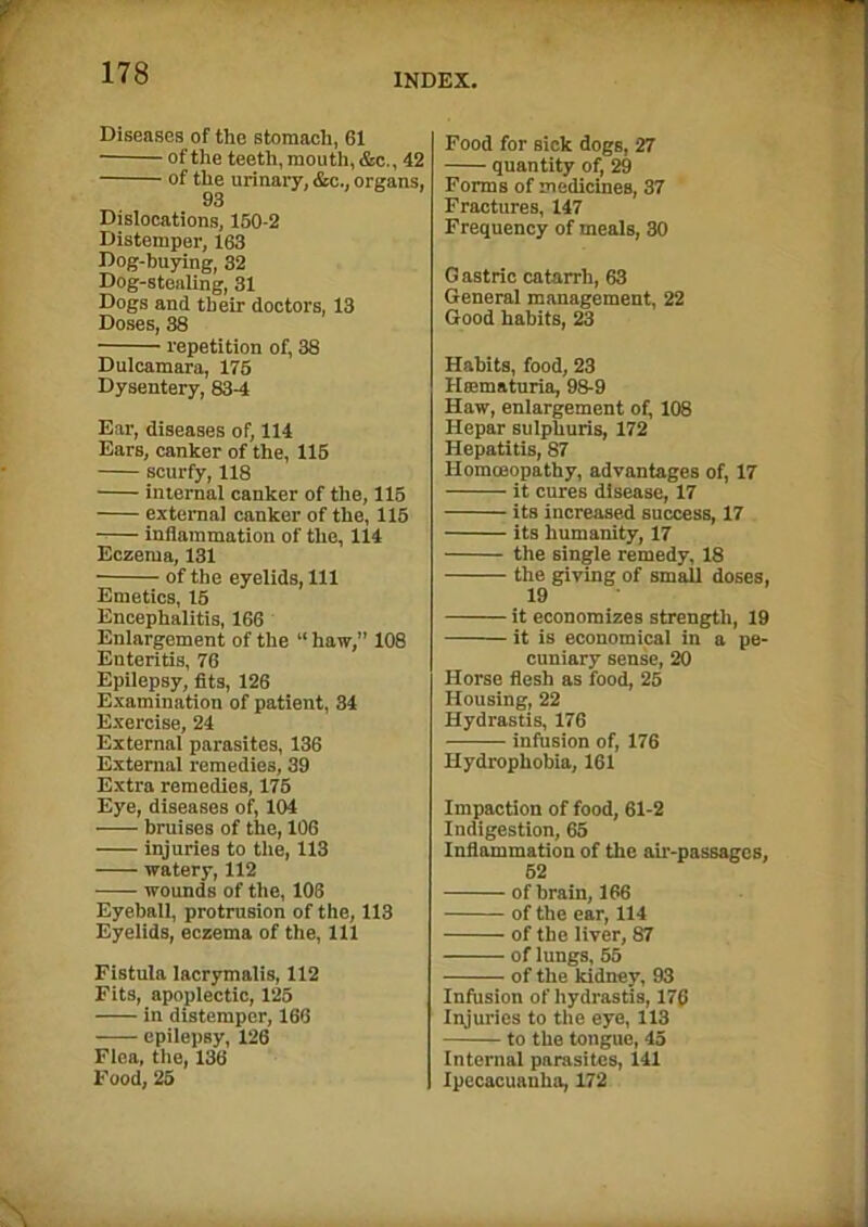 Diseases of the stomach, 61 of the teeth, mouth, &c., 42 of the urinary, &c., organs, 93 Dislocations, 150-2 Distemper, 163 Dog-buying, 32 Dog-stealing, 31 Dogs and their doctors, 13 Doses, 38 repetition of, 38 Dulcamara, 175 Dysentery, 83-4 Ear, diseases of, 114 Ears, canker of the, 115 scurfy, 118 internal canker of the, 115 external canker of the, 115 inflammation of the, 114 Eczema, 131 of the eyelids, 111 Emetics, 15 Encephalitis, 166 Enlargement of the “ haw,” 108 Enteritis, 76 Epilepsy, fits, 126 Examination of patient, 34 Exercise, 24 External parasites, 136 External remedies, 39 Extra remedies, 175 Eye, diseases of, 104 bruises of the, 106 injuries to the, 113 watery, 112 wounds of the, 108 Eyeball, protrusion of the, 113 Eyelids, eczema of the, 111 Fistula lacrymalis, 112 Fits, apoplectic, 125 in distemper, 166 epilepsy, 126 Flea, the, 136 Food, 25 Food for sick dogs, 27 quantity of, 29 Forms of medicines, 37 Fractures, 147 Frequency of meals, 30 G astric catarrh, 63 General management, 22 Good habits, 23 Habits, food, 23 Hffimaturia, 98-9 Haw, enlargement of, 108 Hepar sulphuris, 172 Hepatitis, 87 Homoeopathy, advantages of, 17 it cures disease, 17 its increased success, 17 its humanity, 17 the single remedy, 18 the giving of small doses, 19 it economizes strength, 19 it is economical in a pe- cuniary sense, 20 Horse flesh as food, 25 Housing, 22 Hydrastis, 176 infusion of, 176 Hydrophobia, 161 Impaction of food, 61-2 Indigestion, 65 Inflammation of the air-passages, 62 of brain, 166 of the ear, 114 of the liver, 87 of lungs, 55 of the kidney, 93 Infusion of hydrastis, 176 Injuries to the eye, 113 to the tongue, 45 Internal parasites, 141 Ipecacuanha, 172