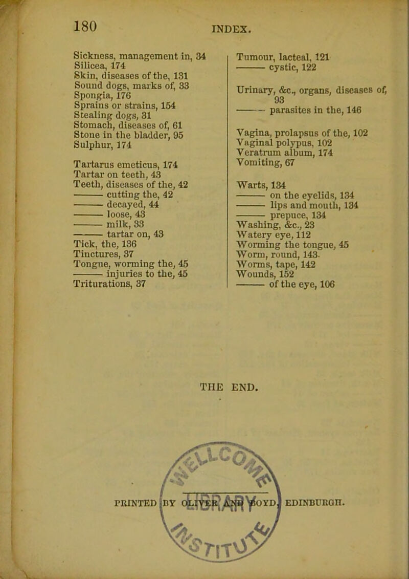 Sickness, management in, 34 Silicea, 174 Skin, diseases of the, 131 Sound dogs, marks of, 33 Spongia, 176 Sprains or strains, 154 Stealing dogs, 31 Stomach, diseases of, 61 Stone in the bladder, 95 Sulphur, 174 Tartarus emeticus, 174 Tartar on teeth, 43 Teeth, diseases of the, 42 cutting the, 42 decayed, 44 loose, 43 milk, 33 tartar on, 43 Tick, the, 136 Tinctures, 37 Tongue, worming the, 45 injuries to the, 45 Triturations, 37 Tumour, lacteal, 121 cystic, 122 Urinary, &c,, organs, diseases of, 93 parasites in the, 146 Vagina, prolapsus of the, 102 Vaginal polypus, 102 Veratmm album, 174 Vomiting, 67 Warts, 134 on the eyelids, 134 lips and mouth, 134 • prepuce, 134 Washing, &c., 23 Watery eye, 112 Worming the tongue, 45 Worm, round, 143. Worms, tape, 142 Wounds, 152 of the eye, 106 THE END.