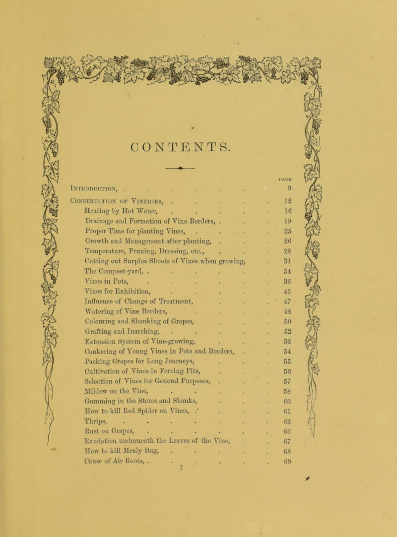 CONTENTS. iODUCTIOX, ..... PAGE 9 STRUCTIOX OF ViXERIES, . 12 Heating by Hot Water, 16 Drainage ami Formation of Vine Bonler-s, . 19 Proper Time for planting Vines, 25 Growth and Management after planting. 26 Temperature, Pnining, Dressing, etc.. 28 Cutting out Sui-plus Shoots of Vines when growing. 31 The Compost-yard, .... 34 Vines in Pots, .... 36 Vines for Exhibition, 45 Influence of Change of Treatment, 47 Watering of Vine Borders, 48 Colouring and Shanking of Grapes, 50 Grafting and Inarching, 52 Extension System of Vine-gi'owing, 53 Cankering of Young Vines in Pots and Borders, 54 Packing Grapes for Long Journeys, 55 Cultivation of Vines in Forcing Pits, 56 Selection of Vines for General Purposes, 57 ]\lildew on the Vine, 58 Gumming in the Stems and Shanks, 60 How to kill Picd Spider on Vines, 61 Thrips, ..... 63 Kust on Grapes, .... 66 Exudation underneath the Leaves of the Vine, 67 How to kill Mealy Bug, 68 Cause of Air Boots, .... 69