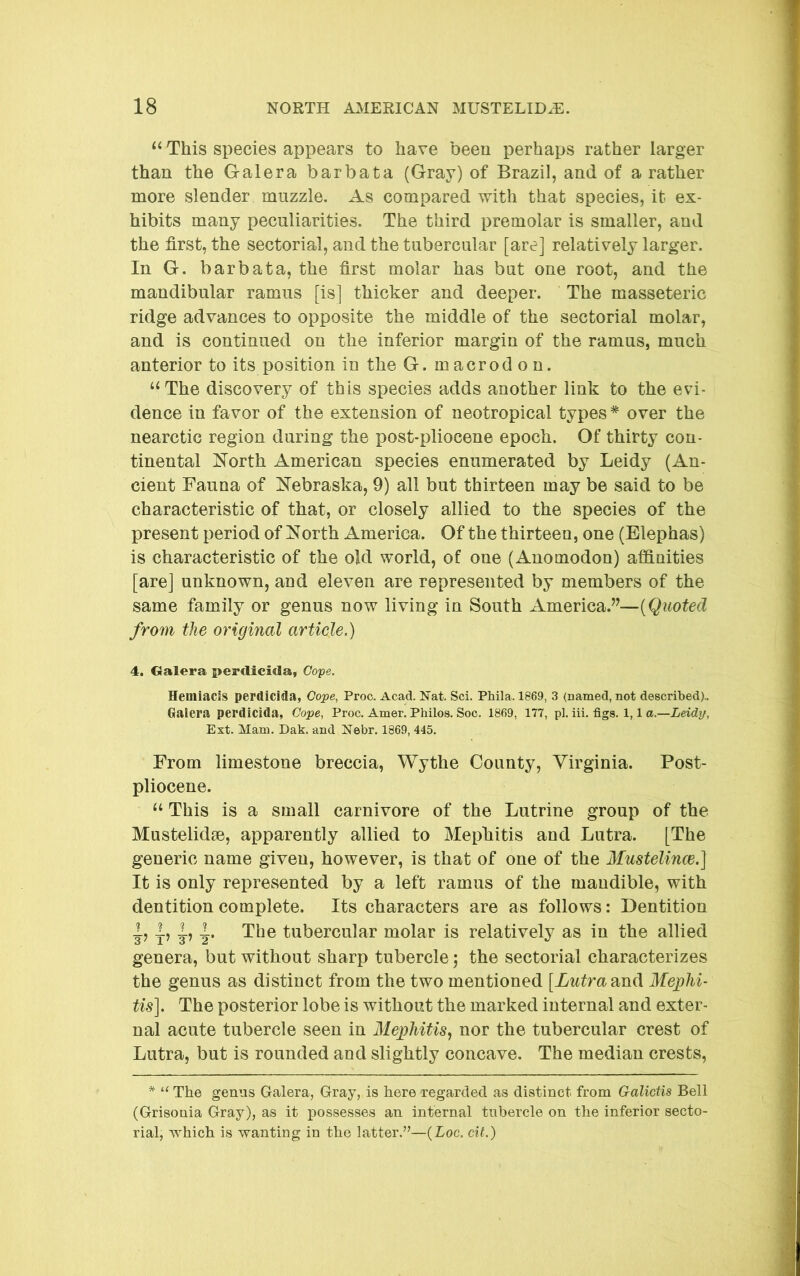 This species appears to have been perhaps rather larger than the Galera barbata (Gray) of Brazil, and of a rather more slender muzzle. As compared with that species, it ex- hibits many peculiarities. The third premolar is smaller, and the first, the sectorial, and the tubercular [are] relatively larger. In G. barbata, the first molar has but one root, and the mandibular ramus [is] thicker and deeper. The masseteric ridge advances to opposite the middle of the sectorial molar, and is continued on the inferior margin of the ramus, much anterior to its position in the G.macrodon. ‘‘The discovery of this species adds another link to the evi- dence in favor of the extension of neotropical types * over the nearctic region during the post-pliocene epoch. Of thirty con- tinental North American species enumerated by Leidy (An- cient Fauna of Nebraska, 9) all but thirteen may be said to be characteristic of that, or closely allied to the species of the present period of North America. Of the thirteen, one (Elephas) is characteristic of the old world, of one (Anomodon) affinities [are] unknown, and eleven are represented by members of the same family or genus now living in South America.”—[Quoted from the original article.) 4. Galera perdicida, Coye. Hemiacis perdicida, Cope, Proc. Acad. Xat. Sci. PMla. 1869, 3 (named, not described).. Galera perdicida, Cope, Proc. Amer. Philos. Soc. 1869, 177, pi. iii. figs. 1,1 a.—Leidy, Ext. Mam. Dak. and Xebr. 1869, 445. From limestone breccia, Wythe County, Virginia. Post- pliocene. “ This is a small carnivore of the Lutrine group of the Mustelidae, apparently allied to Mephitis and Lutra. [The generic name given, however, is that of one of the Mustelince.] It is only represented by a left ramus of the mandible, with dentition complete. Its characters are as follows: Dentition I, The tubercular molar is relatively as in the allied genera, but without sharp tubercle j the sectorial characterizes the genus as distinct from the two mentioned [Lutra Mephi- tis]. The posterior lobe is without the marked internal and exter- nal acute tubercle seen in Mephitis, nor the tubercular crest of Lutra, but is rounded and slightly concave. The median crests, * “ The genus Galera, Gray, is here regarded as distinct from Galictis Bell (Grisonia Gray), as it possesses an internal tubercle on the inferior secto- rial, which is wanting in the latter.’^—[Loc. cit.)