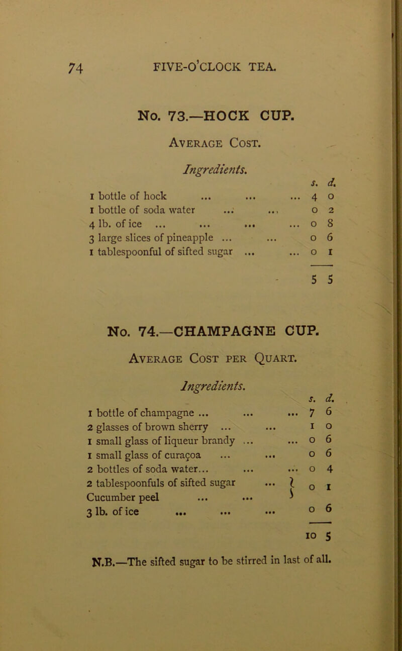 No. 73.—HOCK CUP. Average Cost. Ingredients. s. d. I bottle of hock ... ... ... 4 o i bottle of soda water ... ... 02 4 lb. of ice ... ... ... ... o 8 3 large slices of pineapple ... ... 06 1 tablespoonful of sifted sugar ... ... o I 5 5 No. 74.—CHAMPAGNE CUP. Average Cost per Quart. Ingredietits. 1 bottle of champagne ... 2 glasses of brown sherry ... I small glass of liqueur brandy . 1 small glass of cura5oa 2 bottles of soda water... 2 tablespoonfuls of sifted sugar Cucumber peel 3 lb. of ice ... s. d. ... 7 6 1 o ... o 6 o 6 ... o 4 } ° ' o 6 10 5 N.B.—The sifted sugar to be stirred in last of all.