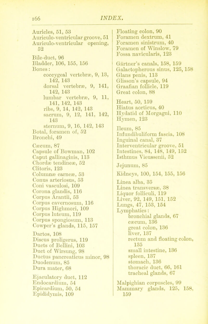 Auricles, 61, 53 Auriculo-ventricular groove, 51 Auriculo-ventricular opening, 52 Bile-cluct, 96 Bladder, 106, 155, 156 Bones: coccygeal vertebrae, 9, 13, 142, 143 dorsal vertebrae, 9, 141, 142, 143 lumbar vertebrae, 9, 11, 141, 142, 143 ribs, 9, 14, 142, 143 sacrum, 9, 12, 141, 142, 143 sternum, 9, 16, 142, 143 Botal, foramen of, 52 Bronchi, 49 Caecum, 87 Capsule of Bowman, 102 Caput gallinaginis, 113 Chordae tendineae, 52 Clitoris, 123 Columnae carneae, 53 Conus arteriosus, 53 Coni vasculosi, 109 Corona glandis, 116 Corpus Arantii, 53 Corpus cavernosum, 116 Corpus Highmori, 109 Corpus luteum, 119 Corpus spongiosum, 113 Cowper’s glands, 115, 157 Dartos, 108 Discus proligerus, 119 Ducts of Bellini, 103 Duct of Wirsung, 98 Ductus pancreaticus minor, 98 Duodenum, 85 Dura mater, 68 Ejaculatory duct, 112 Endocardium, 54 Epicardium, 50, 54 Epididymis, 109 Floating colon, 90 Foramen dextrum, 41 Foramen sinistrum, 40 Foramen of Winslow, 79 Fossa navicularis, 123 Gartner’s canals, 158, 159 Galactopherous sinus, 125,158 Gians penis, 113 Glisson’s capsule, 94 Graafian follicle, 119 Great colon, 88 Heart, 50, 159 Hiatus aortieus, 40 Hvdatid of Morgagni, 110 Hymen, 123 Ileum, 85 Infundibuliform fascia, 108 Inguinal canal, 37 Interventricular groove, 51 Intestines, 84, 148, 149, 152 Isthmus Yieussenii, 52 Jejunum, 85 Kidneys, 100, 154, 155, 156 Linea alba, 35 Linea transversae, 38 Liquor follieuli, 119 Liver, 92, 149, 151. 152 Lungs, 47, 153, 154 Lymphatics: bronchial glands, 67 caecum, 136 great colon, 136 liver, 137 rectum and floating colon, 135 small intestine, 136 spleen, 137 stomach, 136 thoracic duct, 66, 161 tracheal glands, 67 Malpighian corpuscles, 99 Mammary glands, 125, 158. 159