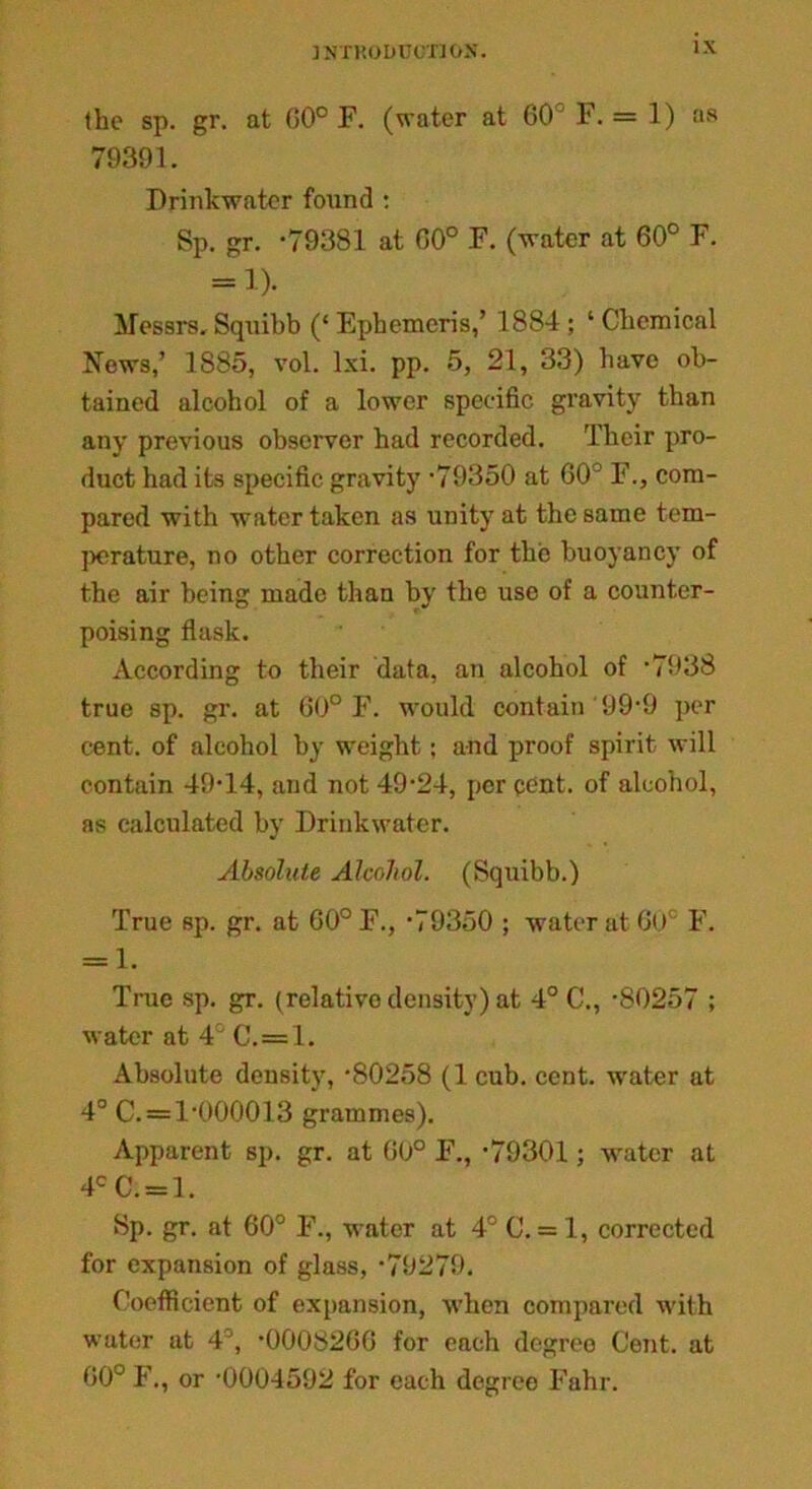 ] NTK0DU0X1 OX. (he sp. gr. at 00° F. (water at 60° F. = 1) as 79391. Drinkwater found : Sp. gr. -79381 at 00° F. (water at 60° F. = 1). Messrs.Squibb (‘Ephemeris,’ 1884; ‘Chemical News,’ 1885, vol. lxi. pp. 5, 21, 33) have ob- tained alcohol of a lower specific gravity than any previous observer had recorded. Their pro- duct had its specific gravity -79350 at 60° F., com- pared with water taken as unity at the same tem- perature, no other correction for the buoyancy of the air being made than by the use of a counter- poising flask. According to their data, an alcohol of ‘7938 true sp. gr. at 60° F. would contain 99-9 per cent, of alcohol by weight; and proof spirit will contain 49-14, and not 49-24, percent, of alcohol, as calculated by Drinkwater. Absolute Alcohol. (Squibb.) True sp. gr. at 00° F., -79350 ; water at Go F. = 1. True sp. gr. (relative density) at 4° C., -80257 ; water at 4 C.=l. Absolute density, -80258 (1 cub. cent, water at 4° C.=1000013 grammes). Apparent sp. gr. at 60° F., -79301; -water at 4CC. = 1. Sp. gr. at 60° F., water at 4° C. = 1, corrected for expansion of glass, -79279. Coefficient of expansion, when compared with water at 4°, -00082GG for each degree Cent, at G0° F., or -0004592 for each degree Fahr.