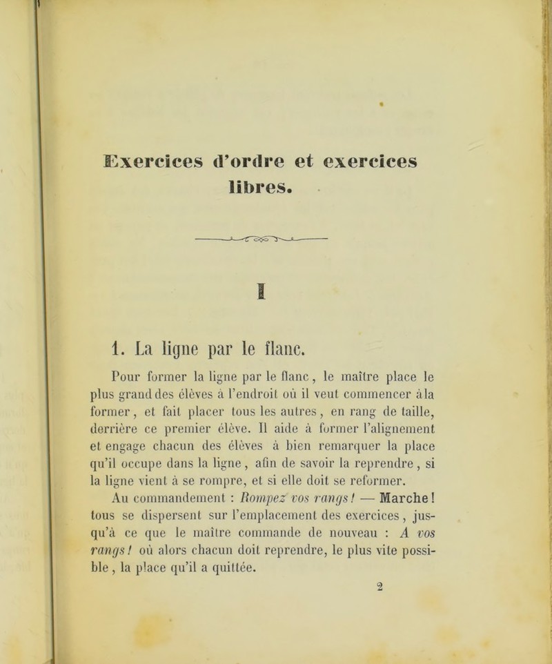 libres. r'j- 1. La ligne par le flaue. Pour former la ligne par le fianc, le maitre place le plus granddes eleves a l’endroit oü il veut commencer ala former, et fail placer tous les autres, en rang de tadle, derriere ce premier eleve. 11 aide ä former l’alignement et engage chacun des eleves a bien remarquer la place qu’il occupe dans la ligne, afin de savoir la reprendre , si la ligne vient ä se rompre, et si eile doit se reformer. Au commandement : Rompez ros rangs! — Marche! tous se dispersent sur l’emplacement des exercices, jus- qu’ä ce que le mailre commande de nouveau : A vos rangs! oü alors chacun doit reprendre, le plus vite possi- ble , la place qu’il a quittee.