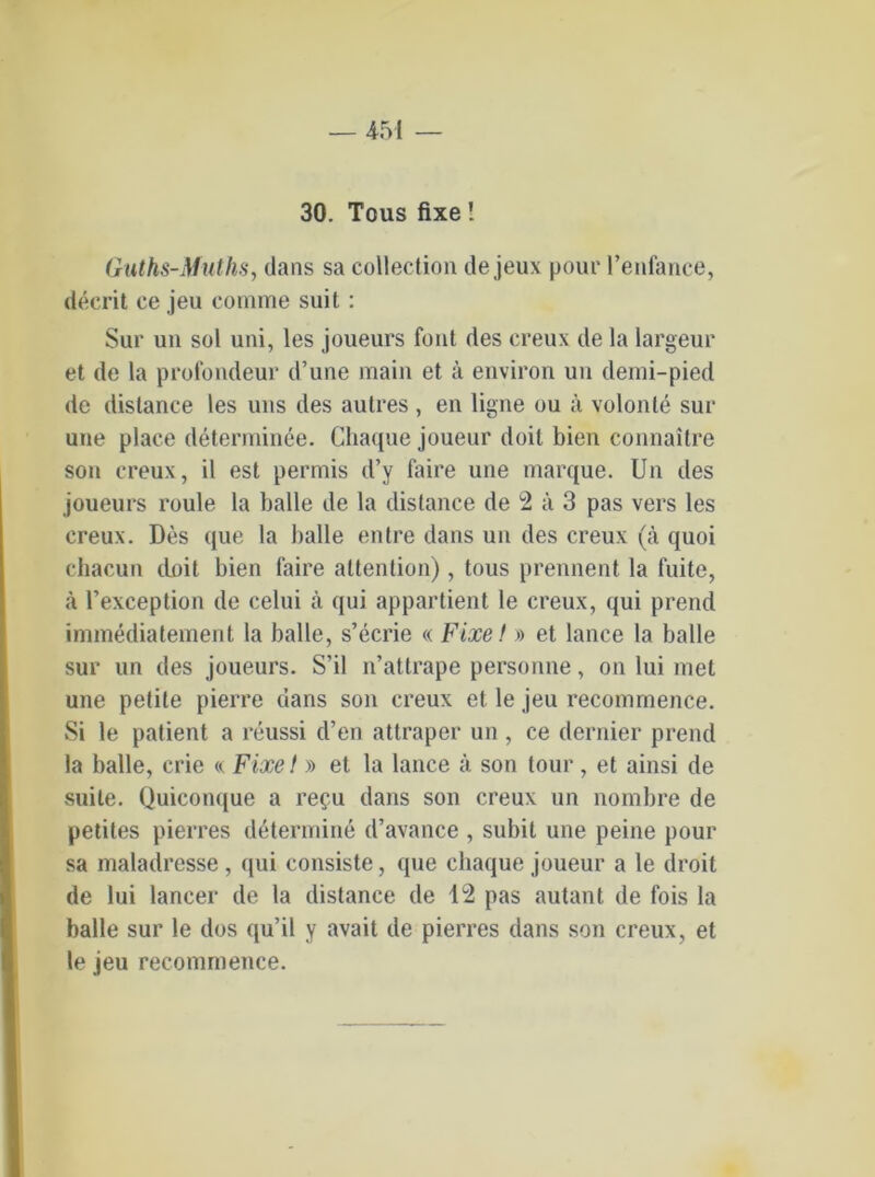 Guths-MuthSy dans sa Collection dejeux pour l’enfance, decrit ce jeu comme suit : Sur un sol uni, les joueurs font des creux de la largeur et de la profondeur d’une main et ä environ un demi-pied de distance les uns des autres , en ligne ou ä volonte sur uue place determinee. Chaque joueur doit bien connaitre son creux, il est permis d’y faire une marque. Un des joueurs roule la balle de la distance de 2 ä 3 pas vers les creux. Des que la halle entre dans un des creux (ä quoi chacun doit bien faire attention), tous prennent la fuite, ä l’exception de celui ä qui appartient le creux, qui prend immediatement la balle, s’ecrie « Fixe! » et lance la balle sur un des joueurs. S’il n’attrape personne, on lui mel une petite pierre dans son creux et le jeu recommence. Si le patient a reussi d’en attraper un , ce dernier prend la balle, crie « Fixe! » et la lance ä son tour, et ainsi de suite. Quiconque a refu dans son creux un nombre de petites pierres determine d’avance , subit une peine pour sa maladresse , qui consiste, que chaque joueur a le droit de lui lancer de la distance de 12 pas autant de fois la balle sur le dos qu’il y avait de pierres dans son creux, et le jeu recommence.