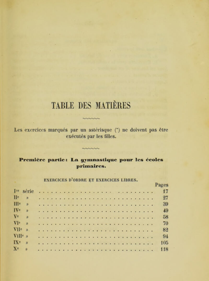 TABLE DES MAXIERES Les exercices marques par un asterisque (*) ne doivent pas £lre executes par les filles. Premidrc partie: Ln g^ninastiquc pour les ecoles primaircs. EXERCICES D’ORDRE ET EXERCICES I.IBRES. Pages Ire Serie 17 II« » 27 IIP » 39 IV« » 49 V« » 58 Vle » 70 VII« n 82 VHP » 94 IX« » 105 X« » 118
