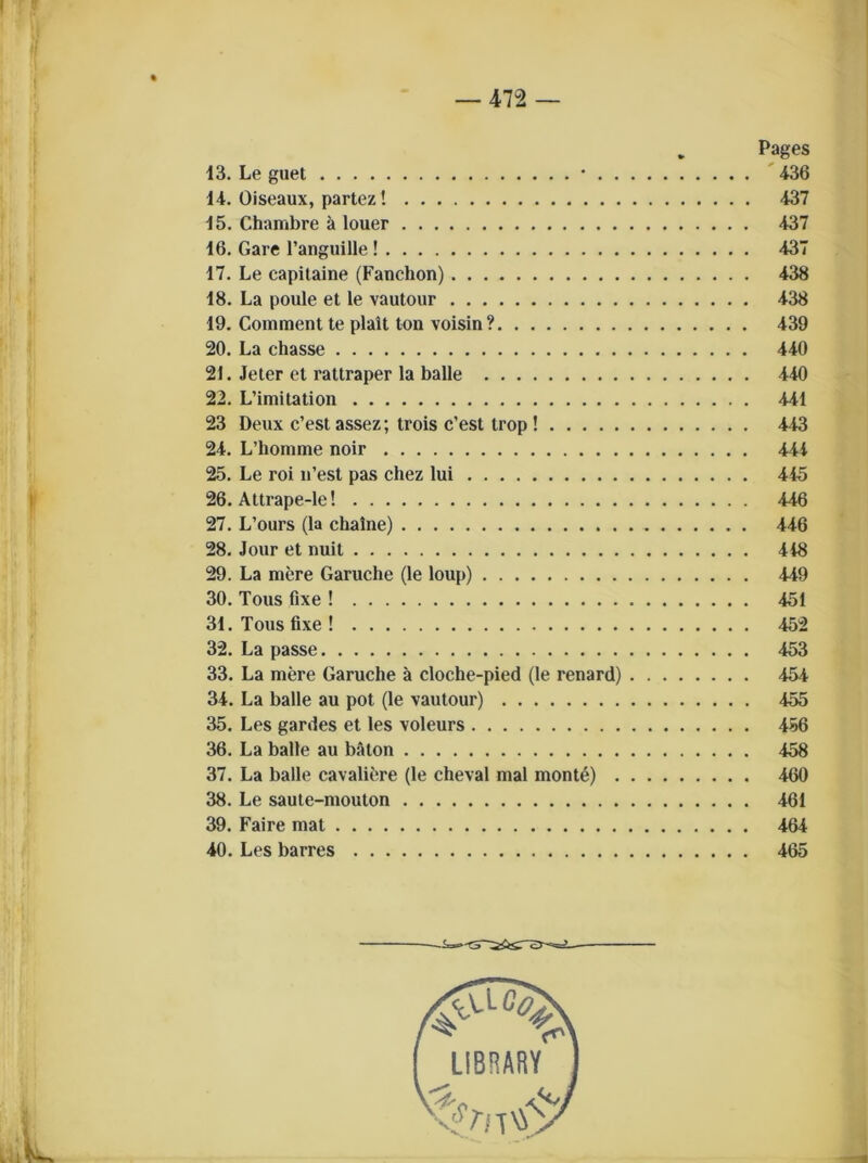 I — 472 — „ Pages 13. Le guet • 436 14. Oiseaux, partez! 437 15. Chambre ä louer 437 16. Gare l’anguille ! 437 17. Le capitaine (Fanchon) 438 18. La poule et le vautour 438 19. Comment te platt ton voisin ? 439 20. La chasse 440 21. Jeter et rattraper la balle 440 22. L’imitation 441 23 Deux c’est assez; trois c’est trop ! 443 24. L’homme noir 444 25. Le roi n’est pas chez lui 445 26. Attrape-le! 446 27. L’ours (la chalne) 446 28. Jour et nuit 448 29. La mere Garuche (le loup) 449 30. Tous fixe ! 451 31. Tous fixe ! 452 32. La passe 453 33. La mere Garuche ä cloche-pied (le renard) 454 34. La balle au pot (le vautour) 455 35. Les gardes et les voleurs 456 36. La balle au bäton 458 37. La balle cavaliere (le cheval mal mont6) 460 38. Le saute-mouton 461 39. Faire mat 464 40. Les barres 465