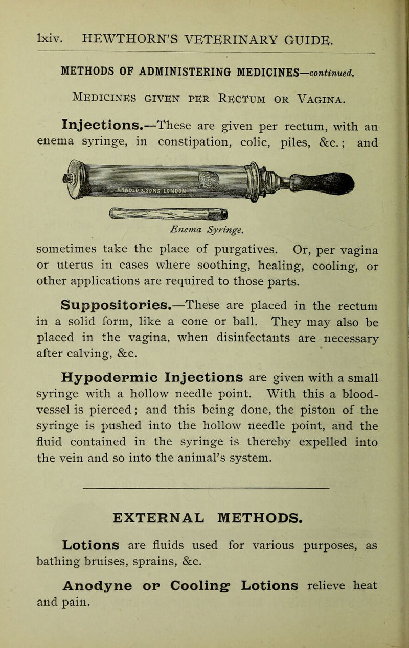 METHODS OF ADMINISTERING MEDICINES —continued. Medicines given per Rectum or Vagina. Injections.—These are given per rectum, with an enema syringe, in constipation, colic, piles, &c.; and Enema Syringe. sometimes take the place of purgatives. Or, per vagina or uterus in cases where soothing, healing, cooling, or other applications are required to those parts. Suppositories.—These are placed in the rectum in a solid form, like a cone or ball. They may also be placed in the vagina, when disinfectants are necessary after calving, &c. Hypodermic Injections are given with a small syringe with a hollow needle point. With this a blood- vessel is pierced; and this being done, the piston of the syringe is pushed into the hollow needle point, and the fluid contained in the syringe is thereby expelled into the vein and so into the animal’s system. EXTERNAL METHODS. Lotions are fluids used for various purposes, as bathing bruises, sprains, &c. Anodyne or Cooling1 Lotions relieve heat and pain.