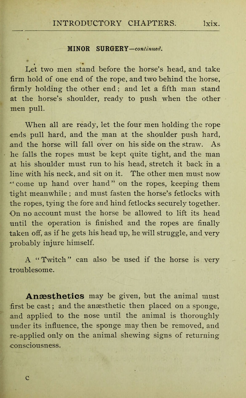 MINOR SURGERY —continued. Eet two men stand before the horse’s head, and take firm hold of one end of the rope, and two behind the horse, firmly holding the other end; and let a fifth man stand at the horse’s shoulder, ready to push when the other men pull. When all are ready, let the four men holding the rope ends pull hard, and the man at the shoulder push hard, and the horse will fall over on his side on the straw. As he falls the ropes must be kept quite tight, and the man at his shoulder must run to his head, stretch it back in a line with his neck, and sit on it. The other men must now '“come up hand over hand” on the ropes, keeping them tight meanwhile; and must fasten the horse’s fetlocks with the ropes, tying the fore and hind fetlocks securely together. On no account must the horse be allowed to lift its head until the operation is finished and the ropes are finally taken off, as if he gets his head up, he will struggle, and very probably injure himself. A “Twitch” can also be used if the horse is very troublesome. Anaesthetics may be given, but the animal must first be cast; and the anaesthetic then placed on a sponge, and applied to the nose until the animal is thoroughly under its influence, the sponge may then be removed, and re-applied only on the animal shewing signs of returning consciousness.
