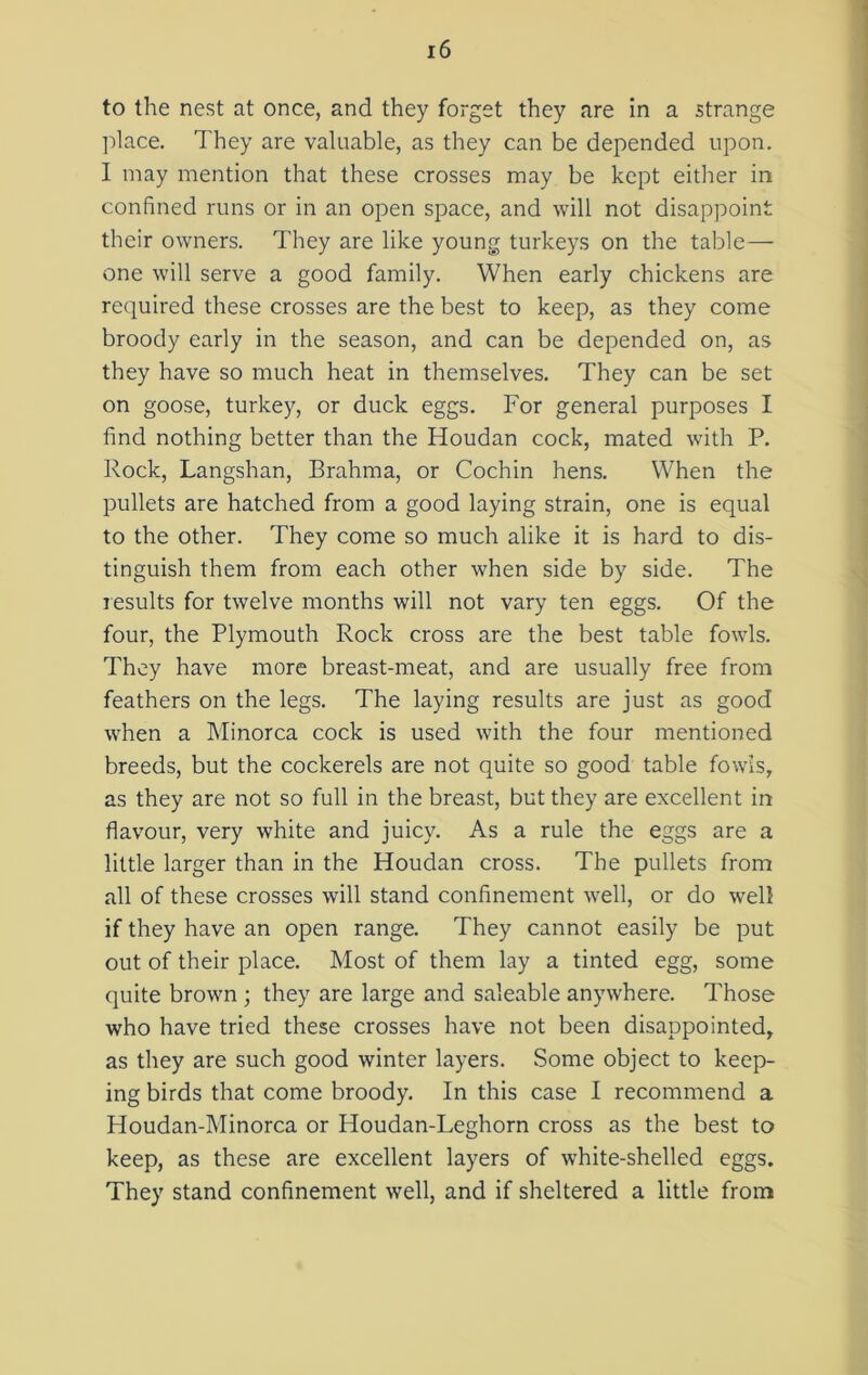 to the nest at once, and they forget they are in a strange place. They are valuable, as they can be depended upon. I may mention that these crosses may be kept either in confined runs or in an open space, and will not disappoint their owners. They are like young turkeys on the table— one will serve a good family. When early chickens are required these crosses are the best to keep, as they come broody early in the season, and can be depended on, as they have so much heat in themselves. They can be set on goose, turkey, or duck eggs. For general purposes I find nothing better than the Houdan cock, mated with P. Rock, Langshan, Brahma, or Cochin hens. When the pullets are hatched from a good laying strain, one is equal to the other. They come so much alike it is hard to dis- tinguish them from each other when side by side. The results for twelve months will not vary ten eggs. Of the four, the Plymouth Rock cross are the best table fowls. They have more breast-meat, and are usually free from feathers on the legs. The laying results are just as good when a Minorca cock is used with the four mentioned breeds, but the cockerels are not quite so good table fowls, as they are not so full in the breast, but they are excellent in flavour, very white and juicy. As a rule the eggs are a little larger than in the Houdan cross. The pullets from all of these crosses will stand confinement well, or do well if they have an open range. They cannot easily be put out of their place. Most of them lay a tinted egg, some quite brown; they are large and saleable anywhere. Those who have tried these crosses have not been disappointed, as they are such good winter layers. Some object to keep- ing birds that come broody. In this case I recommend a Houdan-Minorca or Houdan-Leghorn cross as the best to keep, as these are excellent layers of white-shelled eggs. They stand confinement well, and if sheltered a little from