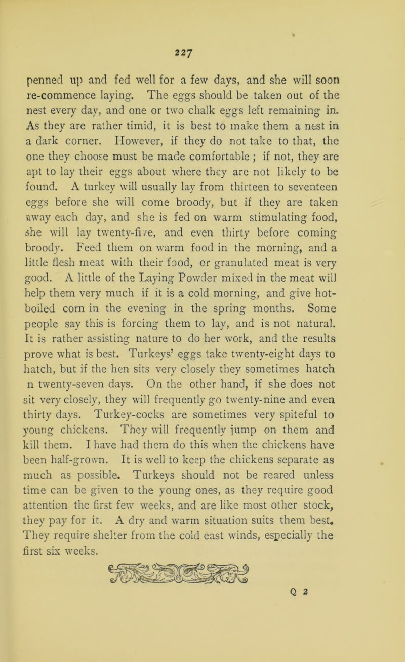 penned up and fed well for a few days, and she will soon re-commence laying. The eggs should be taken out of the nest every day, and one or two chalk eggs left remaining in. As they are rather timid, it is best to make them a nest in a dark corner. However, if they do not take to that, the one they choose must be made comfortable ; if not, they are apt to lay their eggs about where they are not likely to be found. A turkey will usually lay from thirteen to seventeen eggs before she will come broody, but if they are taken away each day, and she is fed on warm stimulating food, she will lay twenty-fi/e, and even thirty before coming broody. Feed them on warm food in the morning, and a little flesh meat with their food, or granulated meat is very good. A little of the Laying Powder mixed in the meat will help them very much if it is a cold morning, and give hot- boiled corn in the evening in the spring months. Some people say this is forcing them to lay, and is not natural. It is rather assisting nature to do her work, and the results prove what is best. Turkeys5 eggs take twenty-eight days to hatch, but if the hen sits very closely they sometimes hatch n twenty-seven days. On the other hand, if she does not sit very closely, they will frequently go twenty-nine and even thirty days. Turkey-cocks are sometimes very spiteful to young chickens. They will frequently jump on them and kill them. I have had them do this when the chickens have been half-grown. It is well to keep the chickens separate as much as possible. Turkeys should not be reared unless time can be given to the young ones, as they require good attention the first few weeks, and are like most other stock, they pay for it. A dry and warm situation suits them best. They require shelter from the cold east winds, especially the first six weeks.