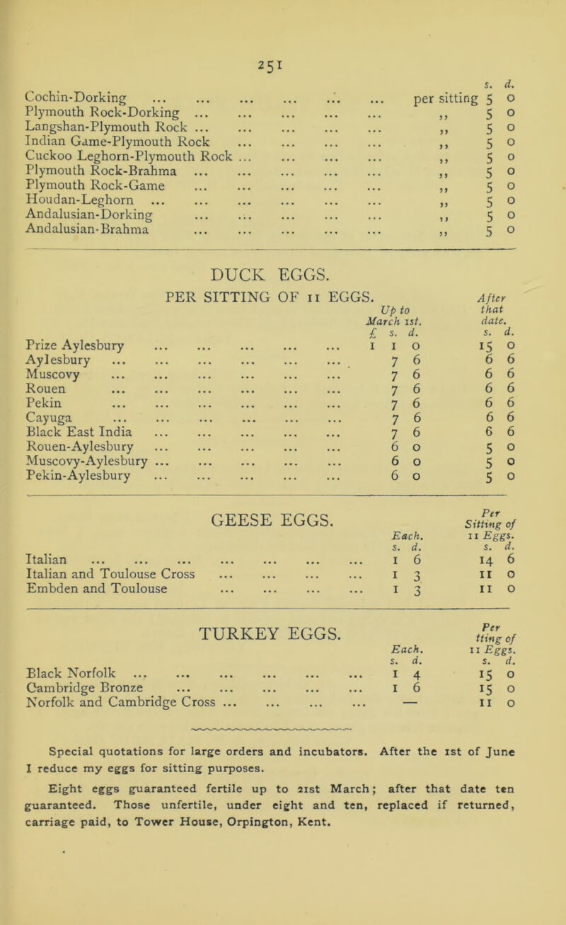 Cochin-Dorking Plymouth Rock-Dorking ... Langshan-Plymouth Rock ... Indian Game-Plymouth Rock Cuckoo Leghorn-Plymouth Rock Plymouth Rock-Brahma Plymouth Rock-Game Iioudan-Leghorn Andalusian-Dorking Andalusian-Brahma s. d. per sitting 5 o » 5 o „ 5 o » 50 5 0 „ 5 o „ 50 .» 5 o ,, 5 o 5 o DUCK EGGS. PER SITTING OF n EGGS. After Up to that March 1st. date. £ s. d. s. d. Prize Aylesbury I I O 15 0 Aylesbury 7 6 6 6 Muscovy 7 6 6 6 Rouen 7 6 6 6 Pekin 7 6 6 6 Cayuga 7 6 6 6 Black East India ... ... ... 7 6 6 6 Rouen-Aylesbu ry 6 0 5 0 Muscovy-Aylesbury 6 0 5 0 Pekin-Aylesbury 6 0 5 0 GEESE EGGS. Per Sitting of Each. 11 Eggs. s. d. s. d. Italian I 6 14 6 Italian and Toulouse Cross I 'j J 11 0 Embden and Toulouse I 3 11 0 TURKEY EGGS. Per tting of Each. 11 Eggs. s. d. s. d. Black Norfolk I 4 15 0 Cambridge Bronze I 6 15 0 Norfolk and Cambridge Cross n 0 Special quotations for large orders and incubators. After the 1st of June I reduce my eggs for sitting purposes. Eight eggs guaranteed fertile up to 21st March; after that date ten guaranteed. Those unfertile, under eight and ten, replaced if returned, carriage paid, to Tower House, Orpington, Kent.