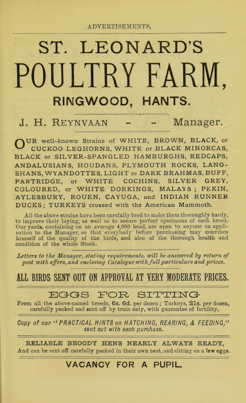 ST. LEONARD’S POULTRY FARM, RINGWOOD, HANTS. J. H. Reynvaan - - Manager. OUR well-known Strains of WHITE, BROWN, BLACK, or CUCKOO LEGHORNS, WHITE or BLACK MINORCAS, BLACK or SILVER-SPANGLED HAMBURGHS, REDCAPS, ANDALUSIANS, HOUDANS, PLYMOUTH ROCKS, LANG- SHANS, WYANDOTTES, LIGHT or DARK BRAHMAS, BUFF, PARTRIDGE, or WHITE COCHINS, SILVER GREY, COLOURED, or WHITE DORKINGS, MALAYS ; PEKIN, AYLESBURY, ROUEN, CAYUGA, and INDIAN RUNNER DUCKS; TURKEYS crossed with the American Mammoth. All the above strains have been carefully bred to make them thoroughly hardy, to improve their laying, as well as to secure perfect specimens of each breed. Our yards, containing on an average 4,000 head, are open to anyone on appli- cation to the Manager, so that everybody before purchasing may convince himself of the quality of the birds, and also of the thorough health and condition of the whole Stock. Letters to the Manager, stating requirements, will be answered by return of post with offers, and enclosing Catalogue with full particulars and prices. ALL BIRDS SENT OUT ON APPROVAL AT YERY MODERATE PRICES. EGGS FOPS, SITTING- From all the above-named breeds, 6s. 6d. per dozen; Turkeys, 21s. per dozen, carefully packed and sent off by train only, with guarantee of fertility. Copy of our “PRACTICAL HINTS on HATCHING, REARING, & FEEDING sent out with each purchase. RELIABLE BROODY HENS NEARLY ALWAYS READY, And can be sent off carefully packed in their own nest, and sitting on a few eggs. VACANCY FOR A PUPIL.