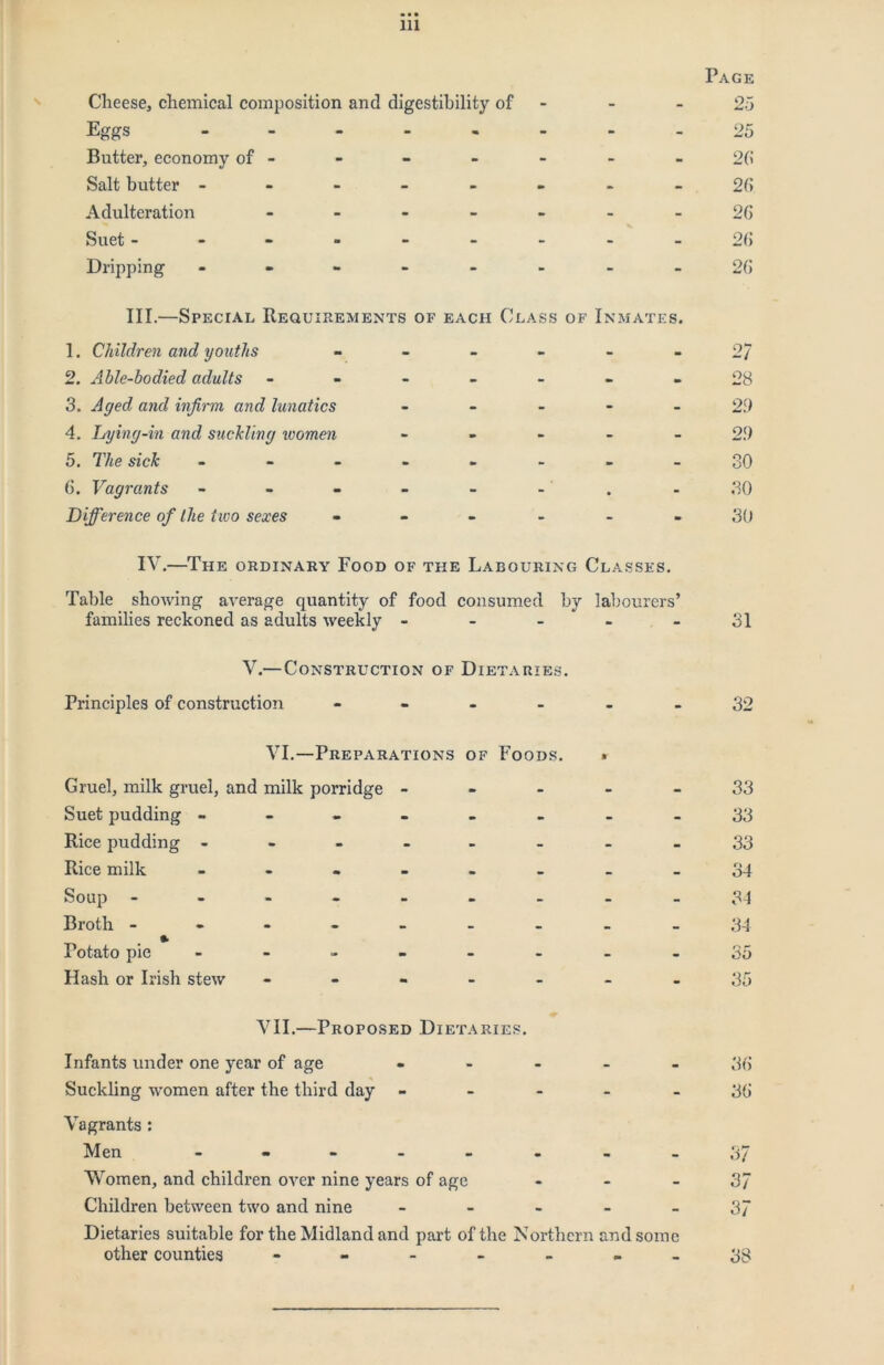 Cheese, chemical composition and digestibility of Eggs Butter, economy of - Salt butter - - - - - Adulteration - Suet ------ Dripping - - - - - III.—Special Requirements of each Class of Inmates. 1. Children and youths ------ 2. Able-bodied adults ------- 3. Aged and infirm and lunatics - - - - _ 4. Lying-in and suckling xoomen - - - _ _ 5. The sick - -- -- -- - 6. Vagrants - - - - - - . Difference of the tivo sexes ------ IV.—The ordinary Food of the Labouring Classes. Table showing average quantity of food consumed by labourers’ families reckoned as adults weekly - - - - - V.—Construction of Dietaries. Principles of construction ------ VI.—Preparations of Foods. Gruel, milk gruel, and milk porridge - - - Suet pudding ------ Rice pudding ------ Rice milk ------ Soup ------- Broth ------- Potato pie ------ Hash or Irish stew - - - - - VII.—Proposed Dietaries. Infants under one year of age - - . - - Suckling women after the third day - - - - - Vagrants : Men - _ Women, and children over nine years of age - . _ Children between two and nine - - - - _ Dietaries suitable for the Midland and part of the Northern and some other counties -------