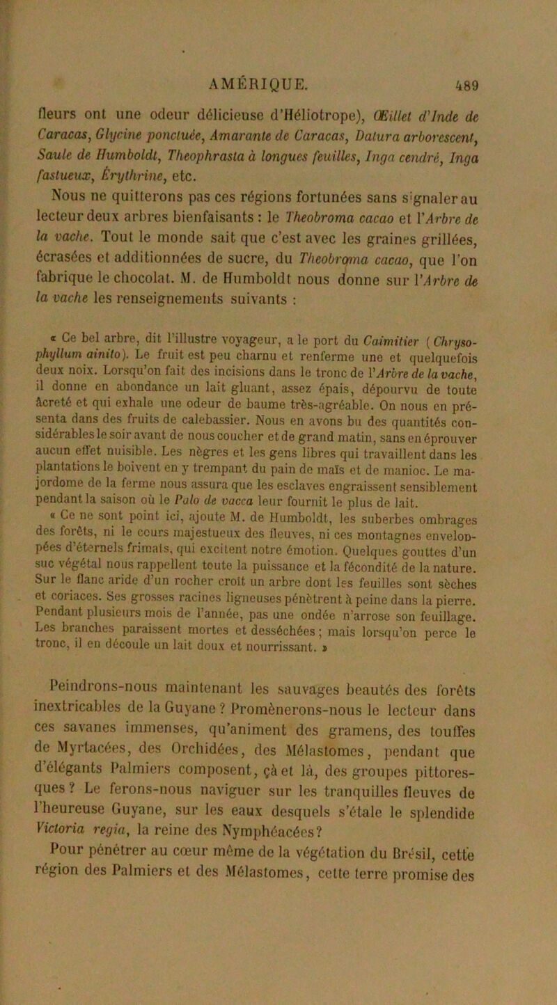 fleurs ont une odeur délicieuse d’Héliotrope), Œillet d'Inde de Caracas, Glycine ponctuée, Amarante de Caracas, Datura arborescent, Saule de Humboldt, Theophrasla à longues feuilles, Inga cendré, Inga fastueux, Érythrine, etc. Nous ne quitterons pas ces régions fortunées sans signaler au lecteur deux arbres bienfaisants : le Theobroma cacao et l'Arbre de la vache. Tout le monde sait que c’est avec les graines grillées, écrasées et additionnées de sucre, du Theobrcnna cacao, que l’on fabrique le chocolat. M. de Humboldt nous donne sur l’Arbre de la vache les renseignements suivants : « Ce bel arbre, dit l’illustre voyageur, a le port du Caimitier ( Chryso- phyllum ainito). Le fruit est peu charnu et renferme une et quelquefois deux noix. Lorsqu’on fait des incisions dans le tronc de VArbre de la vache, il donne en abondance un lait gluant, assez épais, dépourvu de toute âcreté et qui exhale une odeur de baume très-agréable. On nous en pré- senta dans des fruits de calebassier. Nous en avons bu des quantités con- sidérables le soir avant de nous coucher et de grand matin, sans en éprouver aucun effet nuisible. Les nègres et les gens libres qui travaillent dans les plantations le boivent en y trempant du pain de maïs et de manioc. Le ma- jordome de la ferme nous assura que les esclaves engraissent sensiblement pendant la saison où le Polo de vacca leur fournit le plus de lait. « Ce ne sont point ici, ajoute M. de Humboldt, les suberbes ombrages des forêts, ni le cours majestueux des fleuves, ni ces montagnes enveloD- pées d éternels frimais, qui excitent notre émotion. Quelques gouttes d’un suc végétal nous rappellent toute la puissance et la fécondité de la nature. Sur le flanc aride d’un rocher croit un arbre dont les feuilles sont sèches et coriaces. Ses grosses racines ligneuses pénètrent à peine dans la pierre. Pendant plusieurs mois de l’année, pas une ondée n’arrose son feuillage. Les branches paraissent mortes et desséchées ; mais lorsqu’on perce le tronc, il en découle un lait doux et nourrissant. ï Peindrons-nous maintenant les sauvages beautés des forêts inextricables de la Guyane ? Promènerons-nous le lecteur dans ces savanes immenses, qu’animent des gramens, des touffes de Myrtacées, des Orchidées, des Mélastomes, pendant que d’élégants Palmiers composent, çà et là, des groupes pittores- ques? Le ferons-nous naviguer sur les tranquilles fleuves de l’heureuse Guyane, sur les eaux desquels s’étale le splendide Victoria regia, la reine des Nymphéacées? Pour pénétrer au cœur même de la végétation du Brésil, cette région des Palmiers et des Mélastomes, cette terre promise des