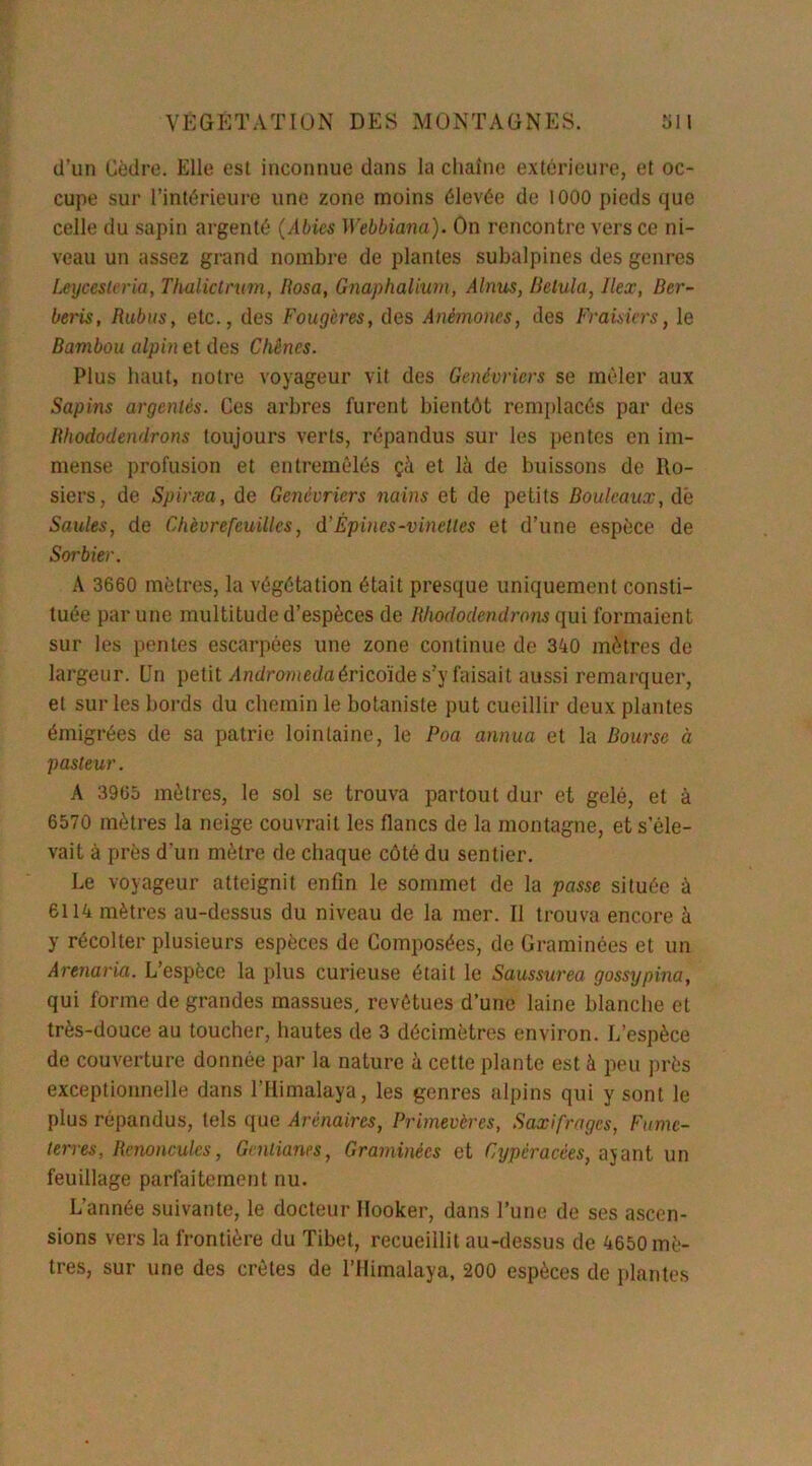 d'un Cèdre. Elle est inconnue dans la chaîne extérieure, et oc- cupe sur l’intérieure une zone moins élevée de 1000 pieds que celle du sapin argenté (Abies Webbiana). On rencontre vers ce ni- veau un assez grand nombre de plantes subalpines des genres Leycestcria, Thalictrum, Rosa, Gnaphalium, Alnus, Belula, llex, Ber- beris, Rubus, etc., des Fougères, des Anémones, des Fraisiers, le Bambou alpin et des Chênes. Plus haut, notre voyageur vit des Genévriers se mêler aux Sapins argentés. Ces arbres furent bientôt remplacés par des Rhododendrons toujours verts, répandus sur les pentes en im- mense profusion et entremêlés çà et là de buissons de Ro- siers, de Spiræa, de Genévriers nains et de petits Bouleaux, dé Saules, de Chèvrefeuilles, d’Épines-vinettes et d’une espèce de Sorbier. A 3660 mètres, la végétation était presque uniquement consti- tuée par une multitude d’espèces de Rhododendrons qui formaient sur les pentes escarpées une zone continue de 340 mètres de largeur. Un petit Andromedaéricoïde sJy faisait aussi remarquer, et sur les bords du chemin le botaniste put cueillir deux plantes émigrées de sa patrie lointaine, le Poa annua et la Bourse à pasteur. A 3965 mètres, le sol se trouva partout dur et gelé, et à 6570 mètres la neige couvrait les flancs de la montagne, et s’éle- vait à près d’un mètre de chaque côté du sentier. Le voyageur atteignit enfin le sommet de la passe située à 6114 mètres au-dessus du niveau de la mer. Il trouva encore à y récolter plusieurs espèces de Composées, de Graminées et un Arenaria. L’espèce la plus curieuse était le Saussurea gossypina, qui forme de grandes massues, revêtues d’une laine blanche et très-douce au toucher, hautes de 3 décimètres environ. L’espèce de couverture donnée par la nature à cette plante est à peu près exceptionnelle dans l’Himalaya, les genres alpins qui y sont le plus répandus, tels que Arénaires, Primevères, Saxifrages, Fiimc- terres, Renoncules, Gentianes, Graminées et Cypèracées, ayant un feuillage parfaitement nu. L’année suivante, le docteur Ilooker, dans l’une de ses ascen- sions vers la frontière du Tibet, recueillit au-dessus de 4650 mè- tres, sur une des crêtes de l’Himalaya, 200 espèces de plantes