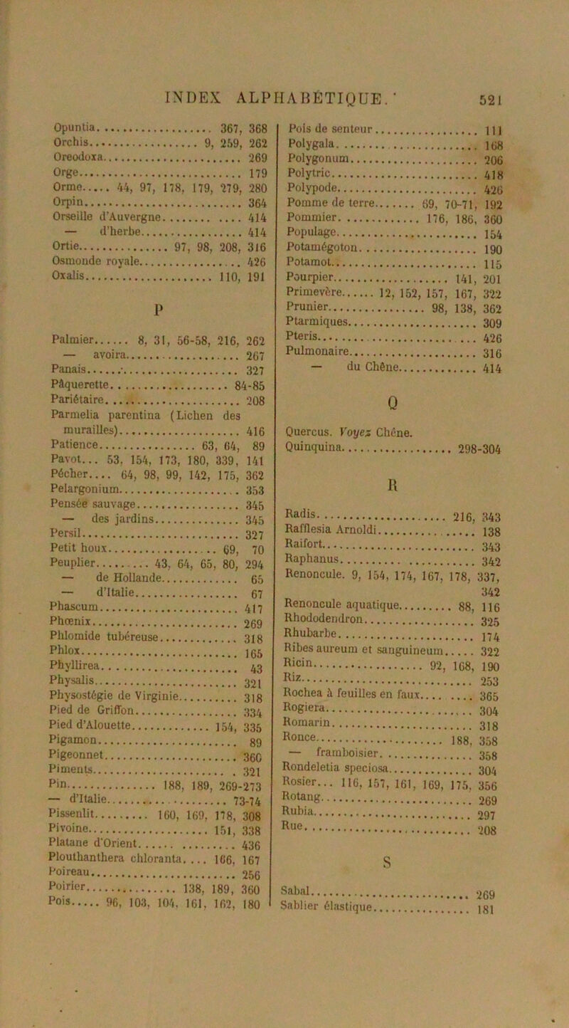 Opuntia 367, 368 Orchis 9, 259, 262 Oreodoxa 269 Orge 179 Orme 44, 97, 178, 179, 279, 280 Orpin 364 Orseille d’Auvergne 414 — d’herbe 414 Ortie 97, 98, 208, 316 Osmonde royale 426 Oxalis 110, 191 Palmier 8, 31 , 56-58, 216, 262 Panais • Pâquerette Pariétaire Parmelia parentina (Lichen des murailles) Patience 63, 64, 89 Pavot... 53, 154, 173, 180, 339, 141 Pécher.... 64, 98, 99, 142, 175, 362 Pélargonium 353 Pensée sauvage 345 — des jardins 345 Persil 327 Petit houx 69, 70 Peuplier 43, 64, 65, 80, 294 — de Hollande 65 — d’Italie 67 Phascum 417 Phœnix 269 Phlomide tubéreuse 31g Phlox 165 Phyllirea 43 Physalis... 32t Pliysostégie de Virginie 31 g Pied de Griffon 334 Pied d’Alouette 154, 335 Pigamon 89 Pigeonnet 36C Piments 32i Pin 188, 189, 269-273 — d’Italie 73-74 Pissenlit 160, 169, 178, 308 Pivoine 151, 338 Platane d’Orient 436 Plouthanthera chloranta. ... 166, 167 Poireau 256 Poirier 138, 189, 360 Pois 96, 103, 104, 161, 162, 180 Pois de senteur 1 ] J Polygala iti8 Polygonum 206 Polytric Polypode 426 Pomme de terre 69, 70-71, 192 Pommier 176, 186, 360 Populage 154 Potamégoton 190 Potamot 115 Pourpier 141, 201 Primevère 12, 152, 157, 167, 322 Prunier 98, 138, 362 Ptarmiques 309 Pteris ... 426 Pulmonaire 316 — du Chêne 414 Q Quercus. Voyez Chêne. Quinquina 298-304 B Ra(1is 216, 343 Rafflesia Arnoldi 138 Raifort 343 Raphanus 342 Renoncule. 9, 154, 174, 167, 178, 337, 342 Renoncule aquatique 88, 116 Rhododendron 325 Rhubarbe J74 Ribes aureum et sanguineum 322 R|cin 92, 168, 190 Riz 253 Rochea à feuilles en faux........ 365 Rogiera 304 Romarin 3]g Ronce 188, 358 — framboisier 35g Rondeletia speciosa 304 Rosier... 116, 157, 161, 169, 175* 356 Rotang 269 Rubin. 297 Rue 208 S Sabal 269 Sablier élastique jgj