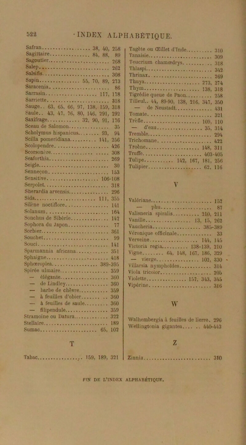 Safran 38, 40, 258 Sagittaire 84, g8, 89 Sagoutier 268 Sa,eP 262 Salsifis 308 Sapin 55, 70, 89, 273 Saracenia 86 Sarrasin 117, ns Sarriette 318 Sauge.. 63. 65, 66, 97, 138, 159, 318 Saule.. 43, 47, 76, 80, 146, 291, 292 Saxifrage 32, 90, 91, 176 Sceau de Salomon 35 Scholymus hispanicus 93, 94 Scilla pomeridiana 141, 256 Scolopendre 426 Scorsonère 308 Seaforthia 269 Seigle 30 Senneçon 153 Sensitive 106-108 Serpolet 318 Sherardia arvensis 296 Sida 111, 355 Silène noctiflore 141 Solanum 164 Sonchus de Sibérie 142 Sophora du Japon 77 Sorbier 361 Souchet 99 Souci 141 Sparmannia africana 351 Sphaigne 418 Sphœroplea 389-395 Spirée ulmaire 359 — élégante 360 — de Lindley 360 — barbe de chèvre 359 — à feuilles d’obier 360 — à feuilles de saule 360 — filipendule 359 Stramoine ou Datura 322 Stellaire 189 Sumac 65, 102 T Tabac ... 159, 189, 321 Tagète ou Œillet d’Inde. Tanaisie Teucrium chamœdrys. . Thiaspi Thrinax. o«o Thuya Thym Tigrédie queue de Paon. 258 Tilleul.. 44, 89-90, 138, 216, 347, 350 — de Neustadt Tomate Trèfle — d’eau Tremble Trichomane Troène Truffe Tulipe 142, 167, 181, 256 Tulipier y Valériane — phu Valisneria spiralis Vanille . 13. 15, 262 Vaucheria Véronique officinale 33 Verveine Victoria regia 138-139, 210 Vigne (14, 148, 167, 186, 329 — vierge .... 102, 330 « Villarsia nymphoïdes... 314 Viola tricolor Violette 157, 343. 345 Vipérine w Walhembergia à feuilles de lierre. 296 Wellingtonia gigantea.. .. .. 440-443 Z Zinnia FIN DF. L’INDEX ALPHA BiTTQUF.,