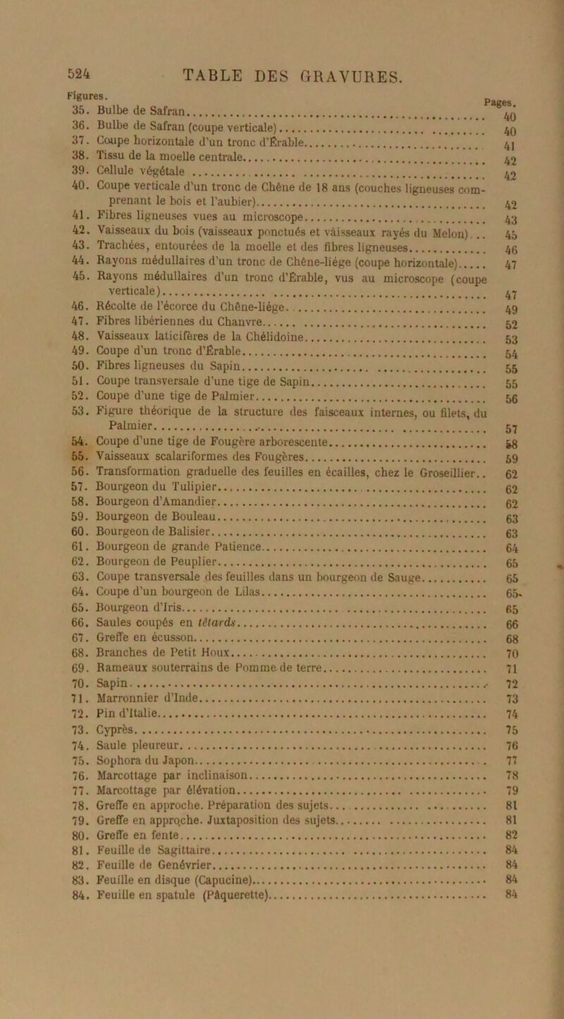 F'gUreS- paires 35. Bulbe de Safran 36. Bulbe de Safran (coupe verticale) 40 37. Coupe horizontale d’un tronc d’Érable 41 38. Tissu de la moelle centrale 42 39. Cellule végétale 42 40. Coupe verticale d’un tronc de Chêne de 18 ans (couches ligneuses com- prenant le bois et l’aubier) 42 41. Fibres ligneuses vues au microscope 43 42. Vaisseaux du bois (vaisseaux ponctués et vaisseaux rayés du Melon)... 4b 43. Trachées, entourées de la moelle et des fibres ligneuses 46 44. Rayons médullaires d’un tronc de Chêne-liége (coupe horizontale) 47 45. Rayons médullaires d’un tronc d’Erable, vus au microscope (coupe verticale) 47 46. Récolte de l’écorce du Chêne-liége 49 47. Fibres libériennes du Chanvre 52 48. Vaisseaux laticifères de la Chélidoine 53 49. Coupe d’un tronc d’Érable 54 60. Fibres ligneuses du Sapin 55 51. Coupe transversale d’une tige de Sapin 55 52. Coupe d’une tige de Palmier 56 53. Figure théorique de la structure des faisceaux internes, ou filets, du Palmier 52 54. Coupe d’une tige de Fougère arborescente bg 55. Vaisseaux scalariformes des Fougères 59 56. Transformation graduelle des feuilles en écailles, chez le Groseillier.. 62 57. Bourgeon du Tulipier. 62 58. Bourgeon d’Amandier 62 59. Bourgeon de Bouleau 63 60. Bourgeon de Balisier 63 61. Bourgeon de grande Patience 64 62. Bourgeon de Peuplier 65 63. Coupe transversale des feuilles dans un bourgeon de Sauge 65 64. Coupe d’un bourgeon de Lilas 65- 65. Bourgeon d’iris 65 66. Saules coupés en têt ardu 66 67. Greffe en écusson 68 68. Branches de Petit Houx 70 69. Rameaux souterrains de Pomme de terre 71 70. Sapin 72 71. Marronnier d’Inde 73 72. Pin d’Italie 74 73. Cyprès 75 74. Saule pleureur 76 75. Sophora du Japon 77 76. Marcottage par inclinaison 78 77. Marcottage par élévation 79 78. Greffe en approche. Préparation des sujets 81 79. Greffe en appro.che. Juxtaposition des sujets 81 80. Greffe en fente 82 81. Feuille de Sagittaire 84 82. Feuille de Genévrier 84 83. Feuille en disque (Capucine) 84 84. Feuille en spatule (Pâquerette) 84