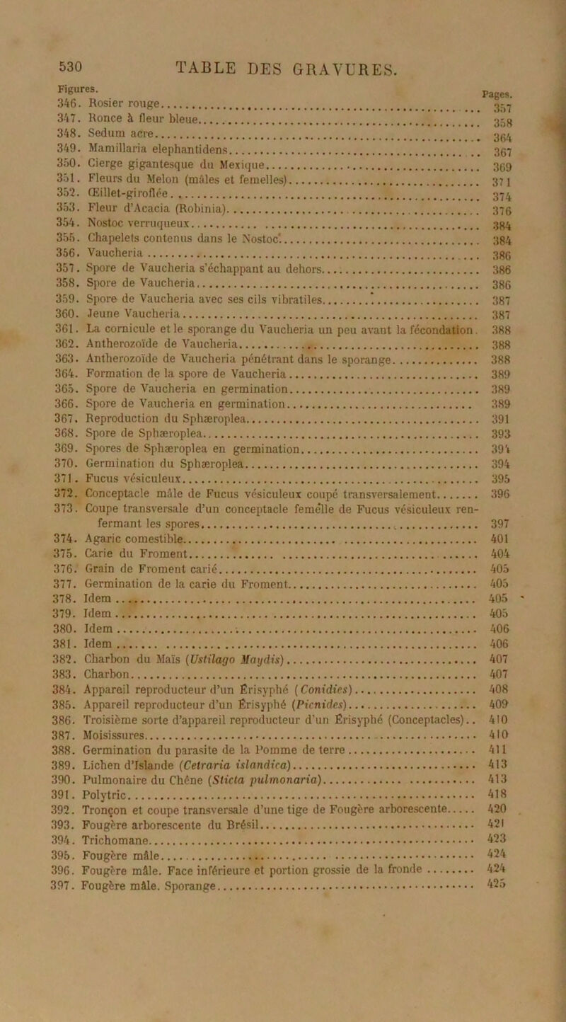 Figures> Pages. 346. Rosier rouge 3-7 347. Ronce à fleur bleue 35g 348. Sedum acre 3^4 349. Mamillaria elephantidens 367 350. Cierge gigantesque du Mexique 369 351. Fleurs du Melon (mâles et femelles) 371 352. Œillet-giroflée 374 353. Fleur d’Acacia (Robinia) 376 354. Nostoc verruqueux 384 355. Chapelets contenus dans le Nostoc'. 384 356. Vaucheria 386 357. Spore de Vaucheria s’échappant au dehors. 386 358. Spore de Vaucheria 386 359. Spore de Vaucheria avec ses cils vibratiles ! 387 360. Jeune Vaucheria 387 361. La cornicule et le sporange du Vaucheria un peu avant la fécondation. 388 362. Anthérozoïde de Vaucheria 388 363. Anthérozoïde de Vaucheria pénétrant dans le sporange 388 364. Formation de la spore de Vaucheria 389 365. Spore de Vaucheria en germination 389 366. Spore de Vaucheria en germination 389 367. Reproduction du Sphæroplea 391 368. Spore de Sphæroplea 393 369. Spores de Sphæroplea en germination 394 370. Germination du Sphæroplea 394 371. Fucus vésiculeux 395 372. Conceptacle mâle de Fucus vésiculeux coupé transversalement 396 373. Coupe transversale d’un conceptacle femelle de Fucus vésiculeux ren- fermant les spores 397 374. Agaric comestible 401 375. Carie du Froment ? 404 376. Grain de Froment carié 405 377. Germination de la carie du Froment 405 378. Idem... 405 * 379. Idem 405 380. Idem 406 381. Idem 406 382. Charbon du Maïs (Ustilago May dis) 407 383. Charbon 407 384. Appareil reproducteur d’un Érisyphé ( Conidies) 408 385. Appareil reproducteur d’un Érisyphé (Picnides) 409 386. Troisième sorte d’appareil reproducteur d’un Érisyphé (Conceptacles).. 410 387. Moisissures 4IO 388. Germination du parasite de la Pomme de terre 411 389. Lichen d’Islande (Celraria islandica) 413 390. Pulmonaire du Chêne (Sticta pulmonaria) 413 391. Polytric 418 392. Tronçon et coupe transversale d’une tige de Fougère arborescente 420 393. Fougère arborescente du Brésil 421 394. Trichomane 423 395. Fougère mille 424 396. Fougère mâle. Face inférieure et portion grossie de la fronde 424 397. Fougère mâle. Sporange â25