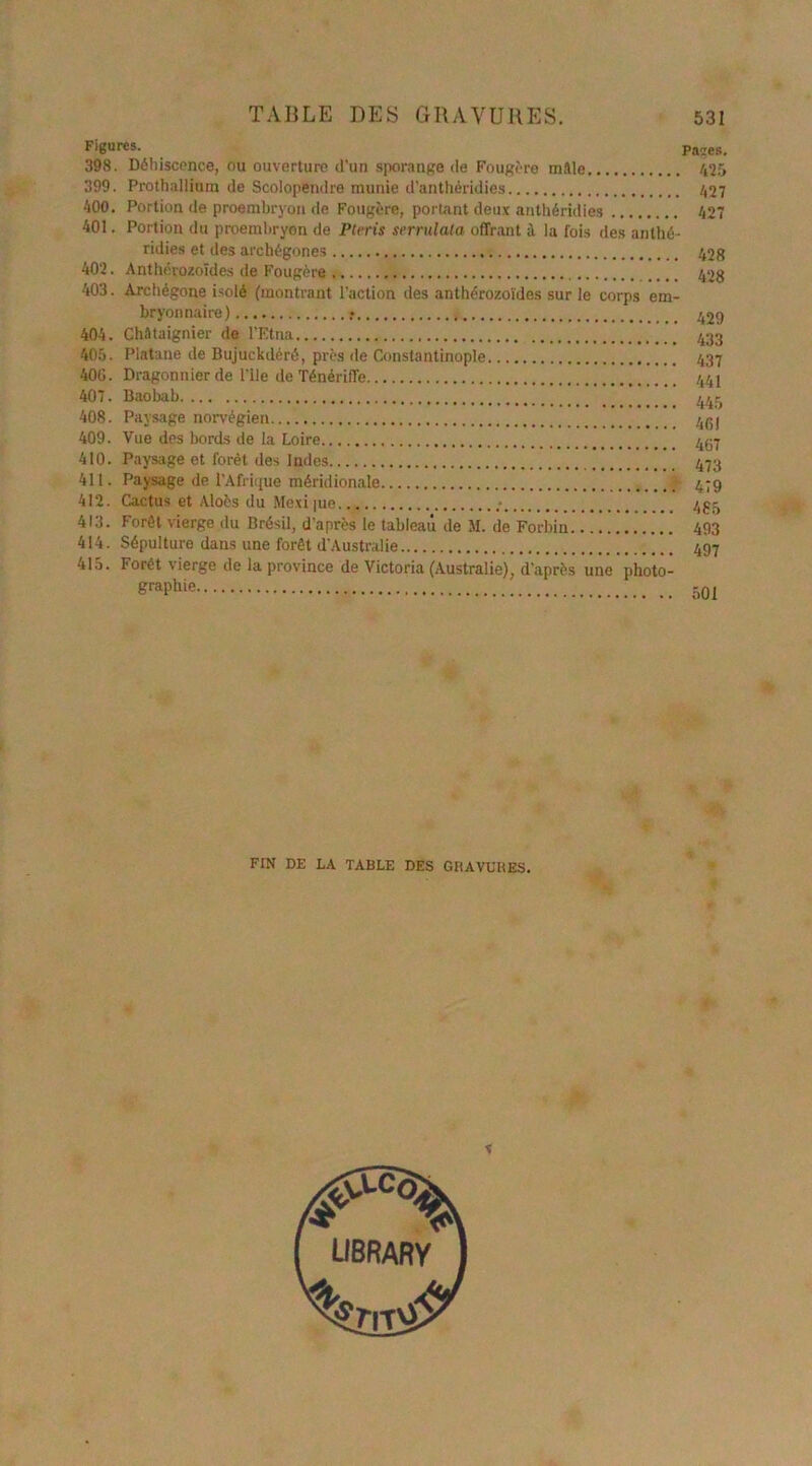 Figures. 398. Déhiscence, ou ouverture d'un sporange de Fougère mâle 399. Prothallium de Scolopendre munie d’anthéridies 400. Portion de proembryon de Fougère, portant deux anthéridies 401. Portion du proembryon de Ptrris serrulata offrant à la fois des anthé- ridies et des arcbégones 402. Anthérozoïdes de Fougère 403. Archégone isolé (montrant l'action des anthérozoïdes sur le corps em- bryonnaire) 404. Châtaignier de l’Etna 405. Platane de Bujuckdéré, près de Constantinople 406. Dragonnierde l’ile de Ténériffe 407. Baobab 408. Paysage norvégien 409. Vue des bords de la Loire 410. Paysage et forêt des Indes 411. Paysage de l’Afrique méridionale y 412. Cactus et Aloès du Mexi|ue 413. Forêt vierge du Brésil, d’après le tableau de M. de Forbin 414. Sépulture dans une forêt d’Australie 415. Forêt vierge de la province de Victoria (Australie), d'après une photo- graphie Paies. 425 427 427 428 428 429 433 437 441 445 461 467 473 479 485 493 497 501 FIN DE LA TABLE DES GRAVURES.
