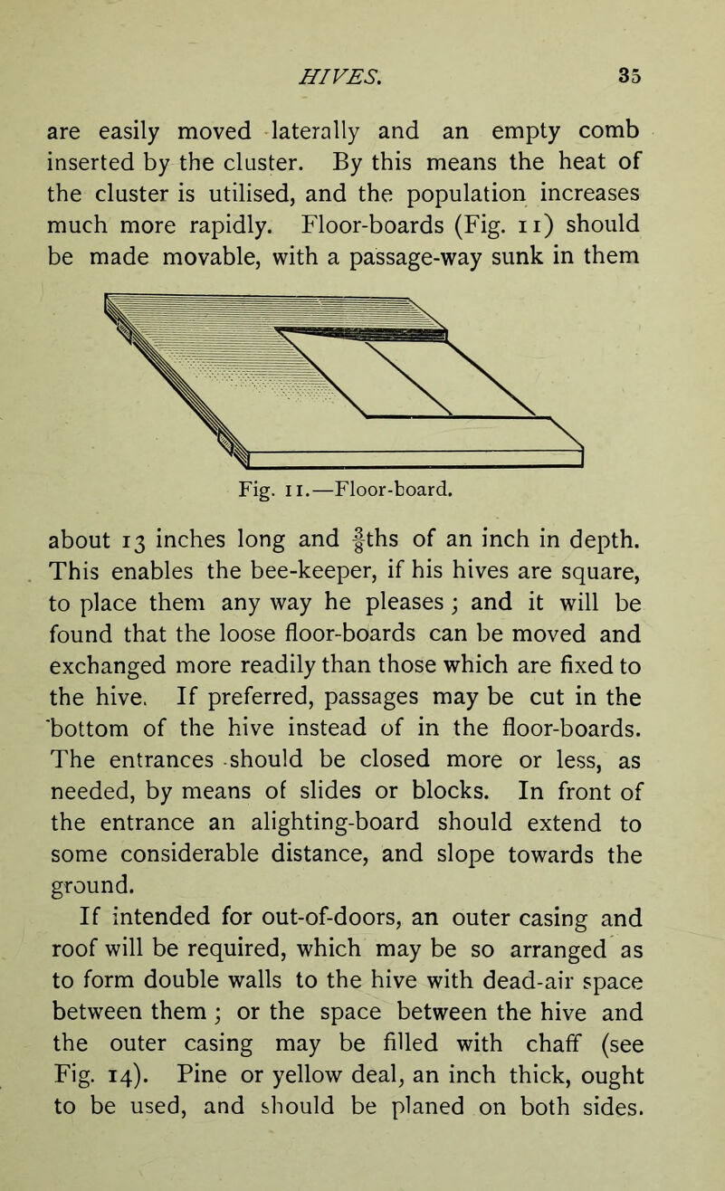 are easily moved laterally and an empty comb inserted by the cluster. By this means the heat of the cluster is utilised, and the population increases much more rapidly. Floor-boards (Fig. n) should be made movable, with a passage-way sunk in them about 13 inches long and fths of an inch in depth. This enables the bee-keeper, if his hives are square, to place them any way he pleases ; and it will be found that the loose floor-boards can be moved and exchanged more readily than those which are fixed to the hive. If preferred, passages may be cut in the 'bottom of the hive instead of in the floor-boards. The entrances should be closed more or less, as needed, by means of slides or blocks. In front of the entrance an alighting-board should extend to some considerable distance, and slope towards the ground. If intended for out-of-doors, an outer casing and roof will be required, which may be so arranged as to form double walls to the hive with dead-air space between them ; or the space between the hive and the outer casing may be filled with chaff (see Fig. 14). Pine or yellow deal, an inch thick, ought to be used, and should be planed on both sides.