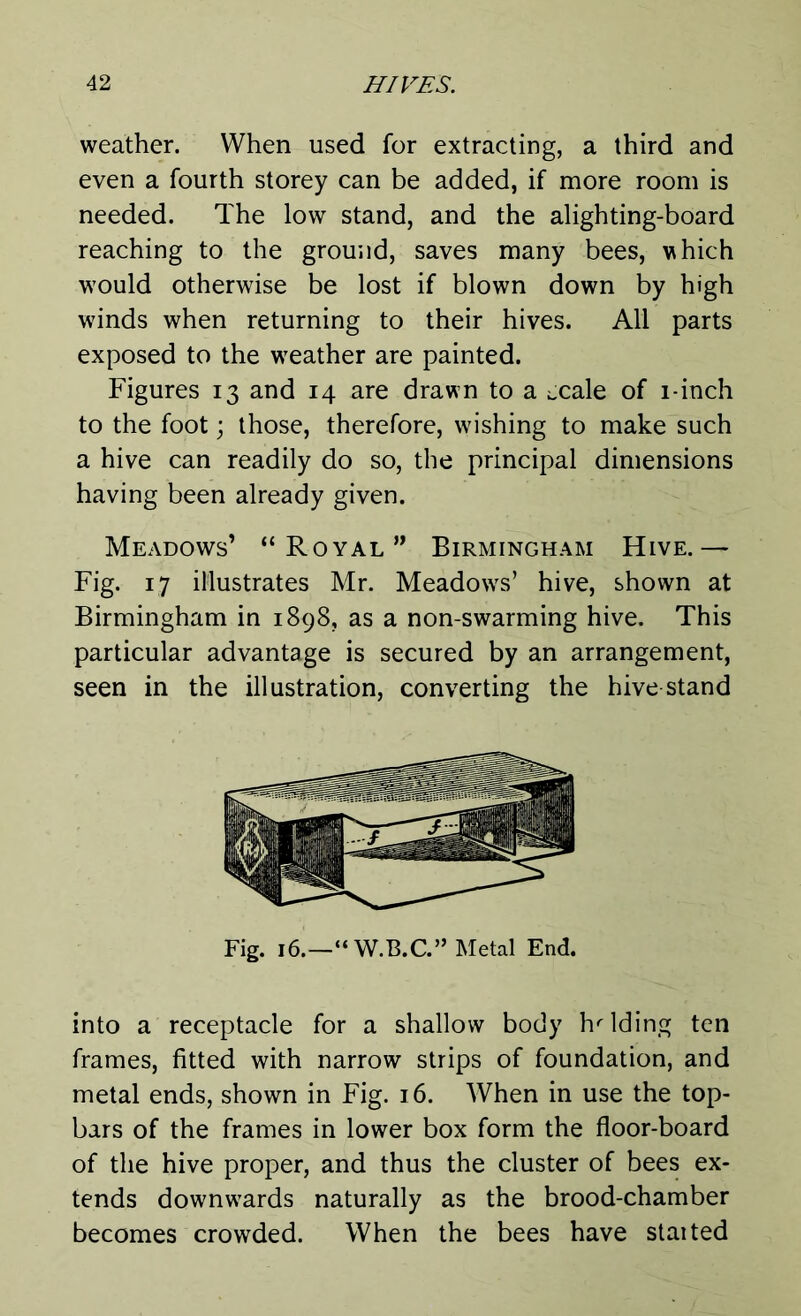 weather. When used for extracting, a third and even a fourth storey can be added, if more room is needed. The low stand, and the alighting-board reaching to the ground, saves many bees, which would otherwise be lost if blown down by high winds when returning to their hives. All parts exposed to the weather are painted. Figures 13 and 14 are drawn to a txale of i-inch to the foot; those, therefore, wishing to make such a hive can readily do so, the principal dimensions having been already given. Meadows’ “Royal” Birmingham Hive.— Fig. 17 illustrates Mr. Meadows’ hive, shown at Birmingham in 1898, as a non-swarming hive. This particular advantage is secured by an arrangement, seen in the illustration, converting the hive stand Fig. 16.—“W.B.C.” Metal End. into a receptacle for a shallow body holding ten frames, fitted with narrow strips of foundation, and metal ends, shown in Fig. 16. When in use the top- bars of the frames in lower box form the floor-board of the hive proper, and thus the cluster of bees ex- tends downwards naturally as the brood-chamber becomes crowded. When the bees have staited