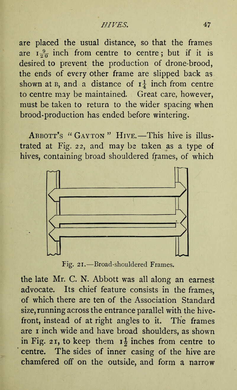 are placed the usual distance, so that the frames are i^o inch from centre to centre; but if it is desired to prevent the production of drone-brood, the ends of every other frame are slipped back as shown at b, and a distance of i\ inch from centre to centre may be maintained. Great care, however, must be taken to return to the wider spacing when brood-production has ended before wintering. Abbott’s “ Gayton ” Hive.—This hive is illus- trated at Fig. 22, and may be taken as a type of hives, containing broad shouldered frames, of which —< i l q / / ■< Fig. 21.—Broad-shouldered Frames. the late Mr. C. N. Abbott was all along an earnest advocate. Its chief feature consists in the frames, of which there are ten of the Association Standard size, running across the entrance parallel with the hive- front, instead of at right angles to it. The frames are i inch wide and have broad shoulders, as shown in Fig. 21, to keep them ij inches from centre to centre. The sides of inner casing of the hive are chamfered off on the outside, and form a narrow