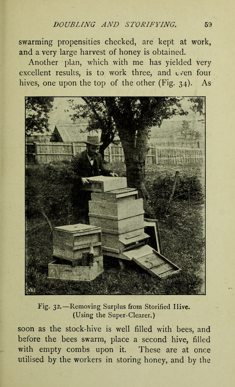 swarming propensities checked, are kept at work, and a very large harvest of honey is obtained. Another plan, which with me has yielded very excellent results, is to work three, and even four hives, one upon the top of the other (Fig. 34). As Fig. 32.—Removing Surplus from Storified Ilive. (Using the Super-Clearer.) soon as the stock-hive is well filled with bees, and before the bees swarm, place a second hive, filled with empty combs upon it. These are at once utilised by the workers in storing honey, and by the