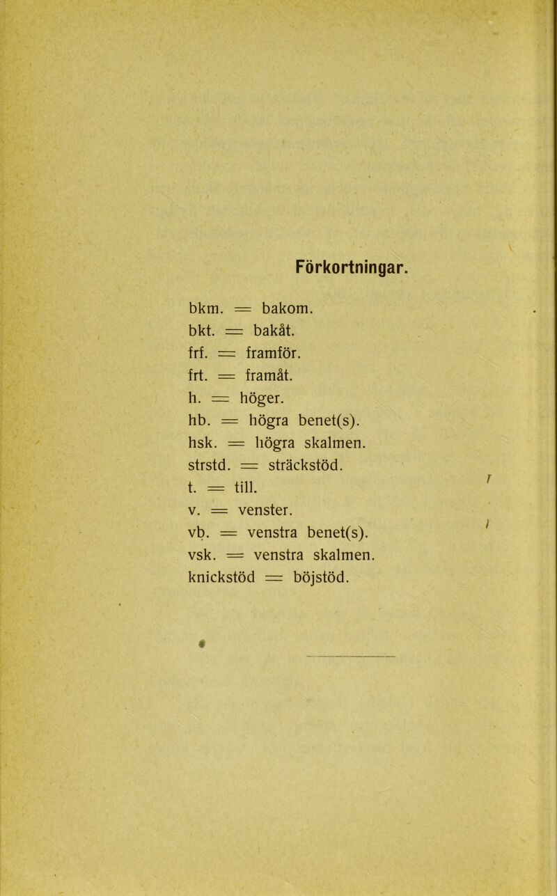 Förkortningar. bkm. — bakom. bkt. = bakåt. frf. = framför. frt. = framåt. h. == höger. hb. = högra benet(s). hsk. = högra skalmen. strstd. = sträckstöd. t. = till. v. = venster. vb. = venstra benet(s). vsk. = venstra skalmen. knickstöd = böjstöd. #