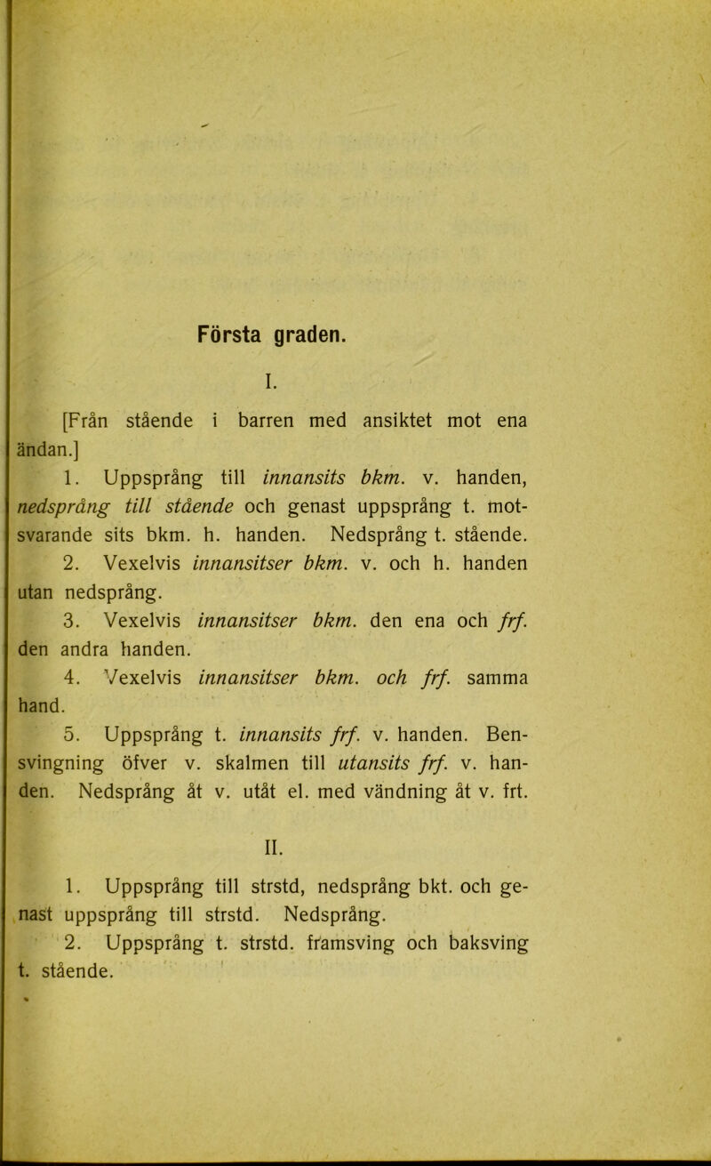 Första graden. I. [Från stående i barren med ansiktet mot ena ändan.] 1. Uppsprång till innansits bkm. v. handen, nedsprång till stående och genast uppsprång t. mot- svarande sits bkm. h. handen. Nedsprång t. stående. 2. Vexelvis innansitser bkm. v. och h. handen utan nedsprång. 3. Vexelvis innansitser bkm. den ena och frf. den andra handen. 4. Vexelvis innansitser bkm. och frf. samma hand. 5. Uppsprång t. innansits frf. v. handen. Ben- svingning öfver v. skalmen till utansits frf. v. han- den. Nedsprång åt v. utåt el. med vändning åt v. frt. II. 1. Uppsprång till strstd, nedsprång bkt. och ge- nast uppsprång till strstd. Nedsprång. 2. Uppsprång t. strstd. främsving och baksving t. stående.