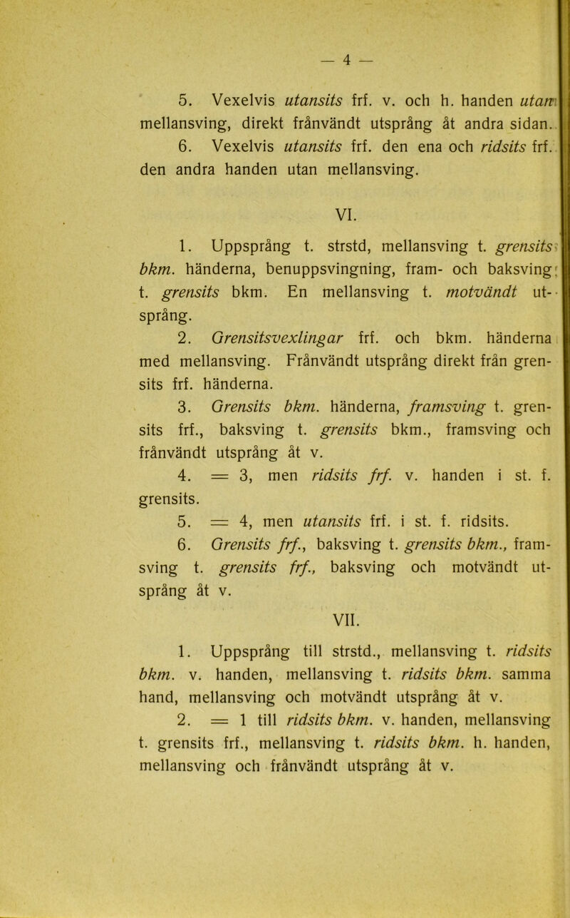 5. Vexelvis utansits frf. v. och h. handen utan mellansving, direkt frånvändt utsprång åt andra sidan. 6. Vexelvis utansits frf. den ena och ridsits frf. den andra handen utan mellansving. VI. 1. Uppsprang t. strstd, mellansving t. grensitsi bkm. händerna, benuppsvingning, fram- och baksving: t. grensits bkm. En mellansving t. motvändt ut- språng. 2. Grensitsvexlingar frf. och bkm. händerna med mellansving. Frånvändt utsprång direkt från gren- sits frf. händerna. 3. Grensits bkm. händerna, framsving t. gren- sits frf., baksving t. grensits bkm., framsving och frånvändt utsprång åt v. 4. — 3, men ridsits frf. v. handen i st. f. grensits. 5. = 4, men utansits frf. i st. f. ridsits. 6. Grensits frf., baksving t. grensits bkm., fram- sving t. grensits frf., baksving och motvändt ut- språng åt v. VII. 1. Uppsprång till strstd., mellansving t. ridsits bkm. v. handen, mellansving t. ridsits bkm. samma hand, mellansving och motvändt utsprång åt v. 2. — 1 till ridsits bkm. v. handen, mellansving t. grensits frf., mellansving t. ridsits bkm. h. handen, mellansving och frånvändt utsprång åt v.