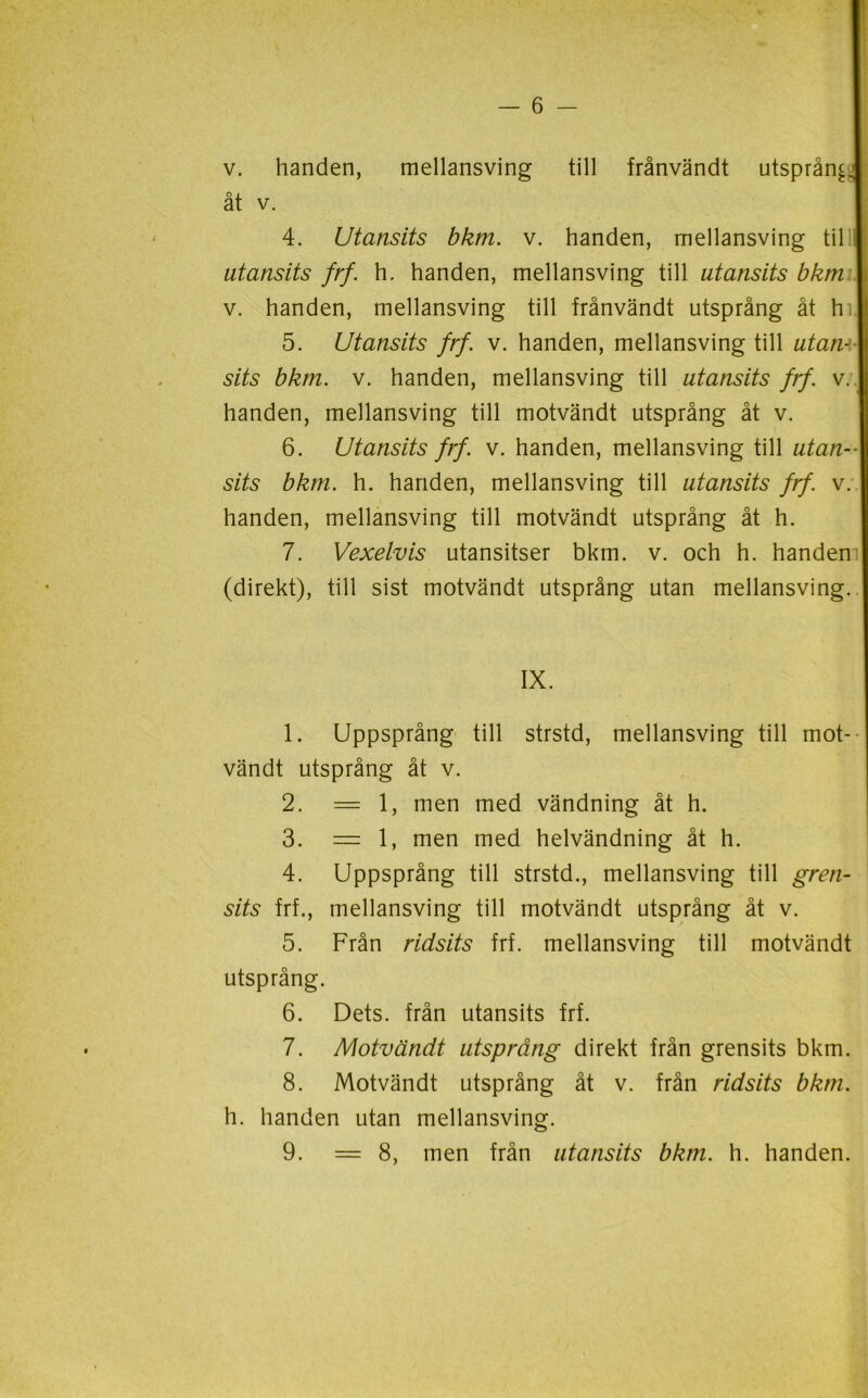 v. handen, mellansving till frånvändt utsprång åt v. 4. Utansits bkm. v. handen, mellansving til utansits frf. h. handen, mellansving till utansits bkm v. handen, mellansving till frånvändt utsprång åt hi. 5. Utansits frf. v. handen, mellansving till utan- sits bkm. v. handen, mellansving till utansits frf. v. handen, mellansving till motvändt utsprång åt v. 6. Utansits frf. v. handen, mellansving till utan- sits bkm. h. handen, mellansving till utansits frf. v. handen, mellansving till motvändt utsprång åt h. 7. Vexelvis utansitser bkm. v. och h. handen (direkt), till sist motvändt utsprång utan mellansving. IX. 1. Uppsprång till strstd, mellansving till mot-- vändt utsprång åt v. 2. = 1, men med vändning åt h. 3. = 1, men med helvändning åt h. 4. Uppsprång till strstd., mellansving till gren- sits frf., mellansving till motvändt utsprång åt v. 5. Från ridsits frf. mellansving till motvändt utsprång. 6. Dets. från utansits frf. 7. Motvändt utsprång direkt från grensits bkm. 8. Motvändt utsprång åt v. från ridsits bkm. h. handen utan mellansving. 9. = 8, men från utansits bkm. h. handen.