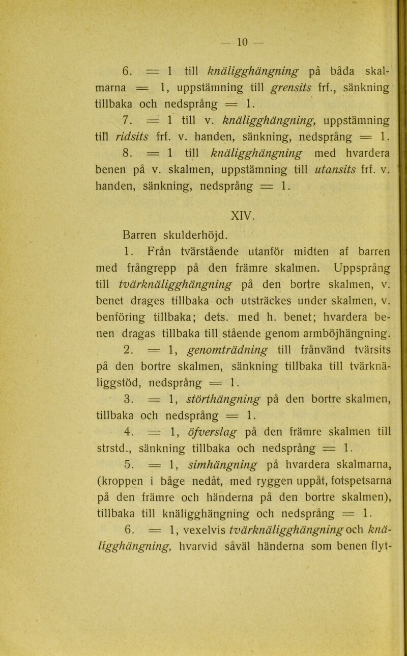 6. = 1 till knäligghängning på båda skal- marna = 1, uppstämning till grensits frfsänkning tillbaka och nedsprång = 1. 7. = 1 till v. knäligghängning, uppstämning till ridsits frf. v. handen, sänkning, nedsprång = 1. 8. = 1 till knäligghängning med hvardera benen på v. skalmen, uppstämning till utansits frf. v. handen, sänkning, nedsprång = 1. XIV. Barren skulderhöjd. 1. Från tvärstående utanför midten af barren med frångrepp på den främre skalmen. Uppsprång till tv är knäligghängning på den bortre skalmen, v. benet dragés tillbaka och utsträckes under skalmen, v. benföring tillbaka; dets. med h. benet; hvardera be- nen dragas tillbaka till stående genom armböjhängning. 2. =1, genomträdning till frånvänd tvärsits på den bortre skalmen, sänkning tillbaka till tvärknä- liggstöd, nedsprång = 1. 3. =1, störthängning på den bortre skalmen, tillbaka och nedsprång = 1. 4. — 1, öfverslag på den främre skalmen till strstd., sänkning tillbaka och nedsprång — 1. 5. =1, simhängning på hvardera skalmarna, (kroppen i båge nedåt, med ryggen uppåt, fotspetsarna på den främre och händerna på den bortre skalmen), tillbaka till knäligghängning och nedsprång = 1. 6. = 1, vexelvis tvärknäligghängning och knä- ligghängning, hvarvid såväl händerna som benen flyt-