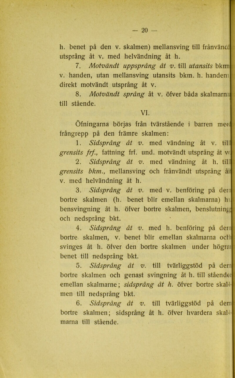 - 20 h. benet på den v. skalmen) mellansving till frånvän utsprång åt v. med helvändning åt h. 7. Motvändt uppsprång åt v. till utansits bkm v. handen, utan mellansving utansits bkm. h. handen direkt motvändt utsprång åt v. 8. Motvändt språng åt v. öfver båda skalmarn till stående. VI. Öfningarna börjas från tvärstående i barren mec frångrepp på den främre skalmen: 1. Sidsprång åt v. med vändning åt v. til. grensits frf., fattning frf. und. motvändt utsprång åt v 2. Sidsprång åt v. med vändning åt h. til grensits bkm., mellansving och frånvändt utsprång åi v. med helvändning åt h. 3. Sidsprång åt v. med v. benföring på der bortre skalmen (h. benet blir emellan skalmarna) hi bensvingning åt h. öfver bortre skalmen, benslutnin§ och nedsprång bkt. 4. Sidsprång åt v. med h. benföring på dem bortre skalmen, v. benet blir emellan skalmarna oclti svinges åt h. öfver den bortre skalmen under högm; benet till nedsprång bkt. 5. Sidsprång åt v. till tvärliggstöd på der bortre skalmen och genast svingning åt h. till ståendee emellan skalmarne; sidsprång åt h. öfver bortre skal- men till nedsprång bkt. 6. Sidsprång åt v. till tvärliggstöd på den bortre skalmen; sidsprång åt h. öfver hvardera skal- marna till stående.