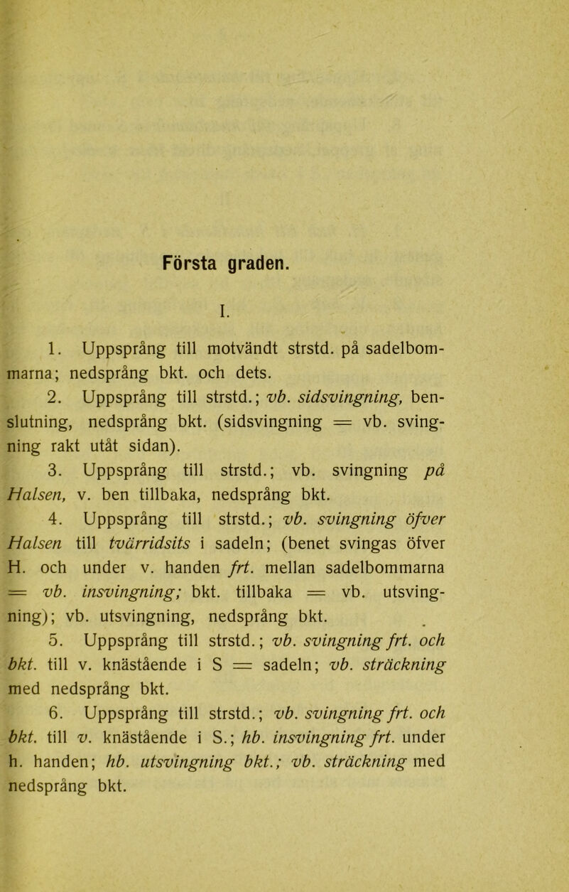 Första graden. I. 1. Uppsprång till motvändt strstd. på sadelbom- marna; nedsprång bkt. och dets. 2. Uppsprång till strstd.; vb. sidsvingning, ben- slutning, nedsprång bkt. (sidsvingning = vb. sving- ning rakt utåt sidan). 3. Uppsprång till strstd.; vb. svingning på Halsen, v. ben tillbaka, nedsprång bkt. 4. Uppsprång till strstd.; vb. svingning öfver Halsen till tvärridsits i sadeln; (benet svingas öfver H. och under v. handen frt. mellan sadelbommarna = vb. insvingning; bkt. tillbaka = vb. utsving- ning); vb. utsvingning, nedsprång bkt. 5. Uppsprång till strstd.; vb. svingning frt. och bkt. till v. knästående i S = sadeln; vb. sträckning med nedsprång bkt. 6. Uppsprång till strstd.; vb. svingning frt. och bkt. till v. knästående i S.; hb. insvingning frt. under h. handen; hb. utsvingning bkt.; vb. sträckning vatå nedsprång bkt.