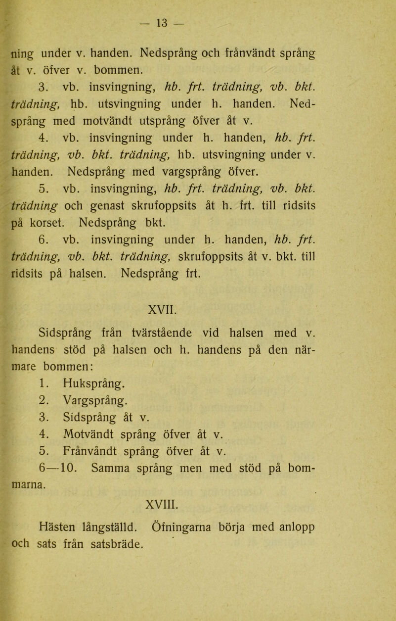 ning under v. handen. Nedsprång och frånvändt språng åt v. öfver v. bommen. 3. vb. insvingning, hb. frt. trädning, vb. bkt. trädning, hb. utsvingning under h. handen. Ned- språng med motvändt utsprång öfver åt v. 4. vb. insvingning under h. handen, hb. frt. trädning, vb. bkt. trädning, hb. utsvingning under v. handen. Nedsprång med vargsprång öfver. 5. vb. insvingning, hb. frt. trädning, vb. bkt. trädning och genast skrufoppsits åt h. frt. till ridsits på korset. Nedsprång bkt. 6. vb. insvingning under h. handen, hb. frt. trädning, vb. bkt. trädning, skrufoppsits åt v. bkt. till ridsits på halsen. Nedsprång frt. XVII. Sidsprång från tvärstående vid halsen med v. handens stöd på halsen och h. handens på den när- mare bommen: 1. Huksprång. 2. Vargsprång. 3. Sidsprång åt v. 4. Motvändt språng öfver åt v. 5. Frånvåndt språng öfver åt v. 6—10. Samma språng men med stöd på bom- marna. XVIII. Hästen långställd. Öfningarna börja med anlopp och sats från satsbräde.