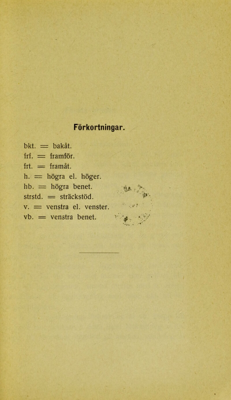 Förkortningar. bkt. = bakåt. frf. = framför. frt. — framåt. h. = högra el. höger. hb. = högra benet. strstd. = sträckstöd. v. = venstra el. venster. vb. = venstra benet. V.-\*