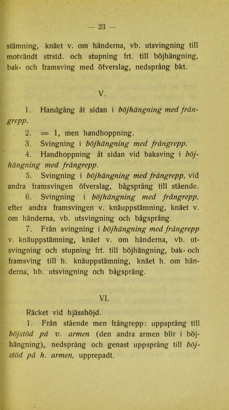 stämning, knäet v. om händerna, vb. utsvingning till motvändt strstd. och stupning frt. till böjhängning, bak- och framsving med öfverslag, nedsprång bkt. V. 1. Handgång åt sidan i böjhängning med från- grepp. 2. = 1, men handhoppning. 3. Svingning i böjhängning med frångrepp. 4. Handhoppning åt sidan vid baksving i böj- hängning med frångrepp. 5. Svingning i böjhängning med frångrepp, vid andra framsvingen öfverslag, bågsprång till stående. 6. Svingning i böjhängning med frångrepp, efter andra framsvingen v. knäuppstämning, knäet v. om händerna, vb. utsvingning och bågsprång. 7. Från svingning i böjhängning med frångrepp v. knäuppstämning, knäet v. om händerna, vb. ut- svingning och stupning frt. till böjhängning, bak- och framsving till h. knäuppstämning, knäet h. om hän- derna, hb. utsvingning och bågsprång. VI. Räcket vid hjässhöjd. 1. Från stående men frångrepp: uppsprång till böjstöd på v. armen (den andra armen blir i böj- hängning), nedsprång och genast uppsprång till böj- stöd på h. armen, upprepadt.