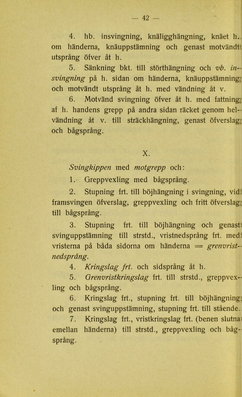 4. hb. insvingning, knäligghängning, knäet h.. om händerna, knäuppstämning och genast motvändtt utsprång öfver åt h. 5. Sänkning bkt. till störthängning och vb. in- svingning på h. sidan om händerna, knäuppstämning: och motvändt utsprång åt h. med vändning åt v. 6. Mot vänd svingning öfver åt h. med fattning? af h. handens grepp på andra sidan räcket genom hel-- vändning åt v. till sträckhängning, genast öfverslag: och bågsprång. X. Svingkippen med motgrepp och: 1. Greppvexling med bågsprång. 2. Stupning frt. till böjhängning i svingning, vid: framsvingen öfverslag, greppvexling och fritt öfverslag: till bågsprång. 3. Stupning frt. till böjhängning och genast: svinguppstämning till strstd., vristnedsprång frt. med vristerna på båda sidorna om händerna = grenvrist- nedsprång. 4. Kringslag frt. och sidsprång åt h. 5. Grenvristkringslag frt. till strstd., greppvex-- ling och bågsprång. 6. Kringslag frt., stupning frt. till böjhängning: och genast svinguppstämning, stupning frt. till stående. 7. Kringslag frt., vristkringslag frt. (benen slutna emellan händerna) till strstd., greppvexling och båg- språng.