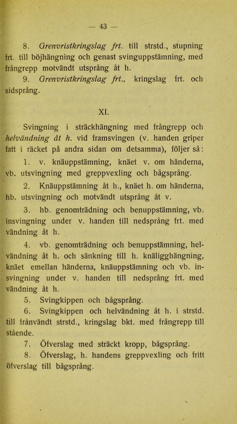 8. Grenvristkringslag frt. till strstd., stupning frt. till böjhängning och genast svinguppstämning, med frångrepp motvändt utsprång åt h. 9. Grenvristkringslag frt., kringslag frt. och sidsprång. XI. Svingning i sträckhängning med frångrepp och helvändning åt h. vid framsvingen (v. handen griper fatt i räcket på andra sidan om detsamma), följer så: 1. v. knäuppstämning, knäet v. om händerna, vb. utsvingning med greppvexling och bågsprång. 2. Knäuppstämning åt h., knäet h. om händerna, hb. utsvingning och motvändt utsprång åt v. 3. hb. genomträdning och benuppstämning, vb. insvingning under v. handen till nedsprång frt. med vändning åt h. 4. vb. genomträdning och benuppstämning, hel- vändning åt h. och sänkning till h. knäligghängning, knäet emellan händerna, knäuppstämning och vb. in- svingning under v. handen till nedsprång frt. med vändning åt h. 5. Svingkippen och bågsprång. 6. Svingkippen och helvändning åt h. i strstd. till frånvändt strstd., kringslag bkt. med frångrepp till stående. 7. Öfverslag med sträckt kropp, bågsprång. 8. Öfverslag, h. handens greppvexling och fritt öfverslag till bågsprång.