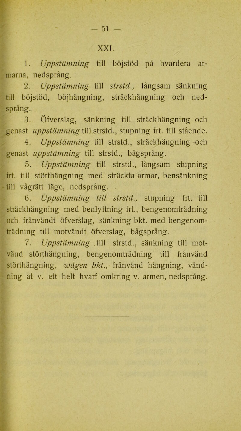 XXI. 1. Uppstämning till böjstöd på hvardera ar- marna, nedsprång. 2. Uppstämning till strstd., långsam sänkning till böjstöd, böjhängning, sträckhängning och ned- språng. 3. Öfverslag, sänkning till sträckhängning och genast uppstämning till strstd., stupning frt. till stående. 4. Uppstämning till strstd., sträckhängning och genast uppstämning till strstd., bågsprång. 5. Uppstämning till strstd., långsam stupning frt. till störthängning med sträckta armar, bensänkning till vågrätt läge, nedsprång. . 6. Uppstämning till strstd., stupning frt. till sträckhängning med benlyftning frt., bengenomträdning och frånvändt öfverslag, sänkning bkt. med bengenom- trädning till motvändt öfverslag, bågsprång. 7. Uppstämning Jill strstd., sänkning till mot- vänd störthängning, bengenomträdning till frånvänd störthängning, wågen bkt., frånvänd hängning, vänd- ning åt v. ett helt hvarf omkring v. armen, nedsprång.