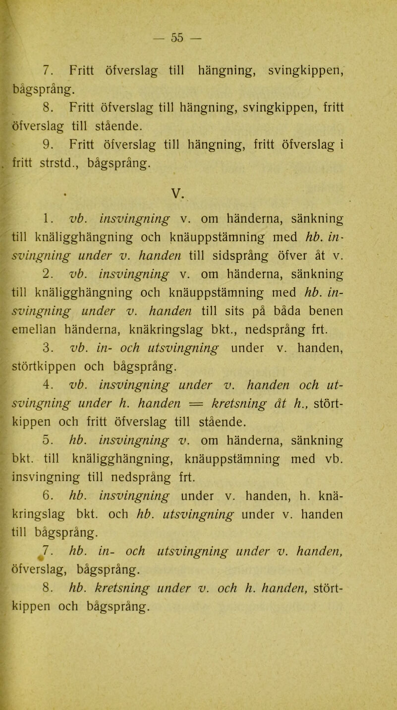 7. Fritt öfverslag till hängning, svingkippen, bägsprång. 8. Fritt öfverslag till hängning, svingkippen, fritt öfverslag till stående. 9. Fritt öfverslag till hängning, fritt öfverslag i fritt strstd., bägsprång. V. 1. vb. insvingning v. om händerna, sänkning till knäligghängning och knäuppstämning med hb. in- svingning under v. handen till sidsprång öfver åt v. 2. vb. insvingning v. om händerna, sänkning till knäligghängning och knäuppstämning med hb. in- svingning under v. handen till sits på båda benen emellan händerna, knäkringslag bkt., nedsprång frt. 3. vb. in- och utsvingning under v. handen, störtkippen och bägsprång. 4. vb. insvingning under v. handen och ut- svingning under h. handen = kretsning ät h., stört- kippen och fritt öfverslag till stående. 5. hb. insvingning v. om händerna, sänkning bkt. till knäligghängning, knäuppstämning med vb. insvingning till nedsprång frt. 6. hb. insvingning under v. handen, h. knä- kringslag bkt. och hb. utsvingning under v. handen till bägsprång. 7. hb. in- och utsvingning under v. handen, öfverslag, bägsprång. 8. hb. kretsning under v. och h. handen, stört- kippen och bägsprång.