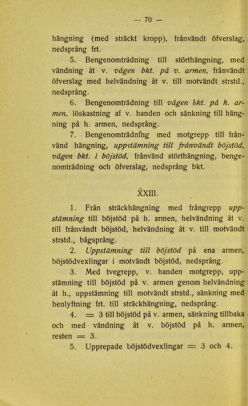 hängning (med sträckt kropp), frånvändt öfverslag, nedsprång frt. 5. Bengenomträdning till störthängning, med vändning åt v. vågen bkt. på v. armen, frånvändt öfverslag med helvändning åt v. till motvändt strstd., nedsprång. 6. Bengenomträdning till vågen bkt. på h. ar- men, löskastning af v. handen och sänkning till häng- ning på h. armen, nedsprång. 7. Bengenomträdning med motgrepp till från- vänd hängning, upp stämning till frånvändt böjstöd, vågen bkt. i böjstöd, frånvänd störthängning, benge- nomträdning och öfverslag, nedsprång bkt. XXIII. 1. Från sträckhängning med frångrepp upp- stämning till böjstöd på h. armen, helvändning åt v. till frånvändt böjstöd, helvändning åt v. till motvändt strstd., bågsprång. 2. Uppstämning till böjstöd på ena armen, böjstödvexlingar i motvändt böjstöd, nedsprång. 3. Med tvegrepp, v. handen motgrepp, upp- stämning till böjstöd på v. armen genom helvändning åt h., uppstämning till motvändt strstd., sänkning med benlyftning frt. till sträckhängning, nedsprång. 4. =3 till böjstöd på v. armen, sänkning tillbaka och med vändning åt v. böjstöd på h. armen, resten = 3. 5. Upprepade böjstödvexlingar = 3 och 4.