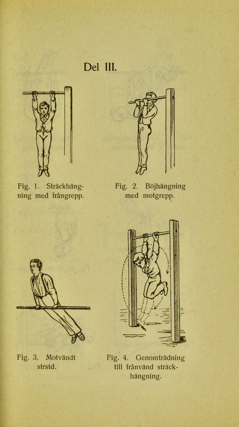 Del III. Fig. 1. Sträckhäng- ning med frångrepp. Fig. 2. Böjhängning med motgrepp. Fig. 3. Motvändt strstd. Fig. 4. Genomträdning till frånvänd sträck- hängning.