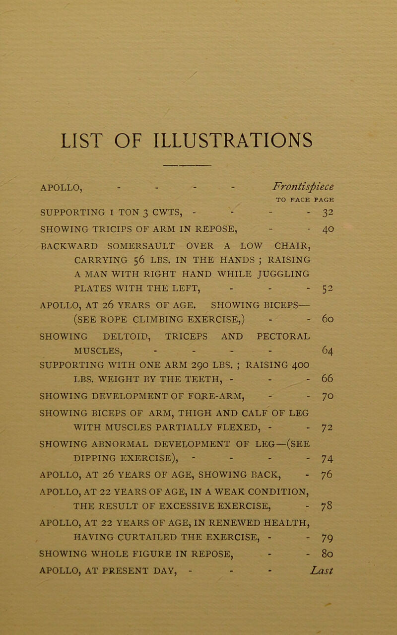 LIST OF ILLUSTRATIONS APOLLO, Frontispiece TO FACE PAGE SUPPORTING I TON 3 CWTS, - SHOWING TRICIPS OF ARM IN REPOSE, - 32 - 40 BACKWARD SOMERSAULT OVER A LOW CHAIR, CARRYING 56 LBS. IN THE HANDS ; RAISING A MAN WITH RIGHT HAND WHILE JUGGLING PLATES WITH THE LEFT, - - -52 APOLLO, AT 26 YEARS OF AGE. SHOWING BICEPS— (SEE ROPE CLIMBING EXERCISE,) - - 60 SHOWING DELTOID, TRICEPS AND PECTORAL MUSCLES, - 64 SUPPORTING WITH ONE ARM 290 LBS. ; RAISING 400 LBS. WEIGHT BY THE TEETH, - - - 66 SHOWING DEVELOPMENT OF FORE-ARM, - - 70 SHOWING BICEPS OF ARM, THIGH AND CALF OF LEG WITH MUSCLES PARTIALLY FLEXED, - - 72 SHOWING ABNORMAL DEVELOPMENT OF LEG—(SEE DIPPING EXERCISE), - - - - 74 APOLLO, AT 26 YEARS OF AGE, SHOWING BACK, - 76 APOLLO, AT 22 YEARS OF AGE, IN A WEAK CONDITION, THE RESULT OF EXCESSIVE EXERCISE, - 78 APOLLO, AT 22 YEARS OF AGE, IN RENEWED HEALTH, HAVING CURTAILED THE EXERCISE, - - 79 SHOWING WHOLE FIGURE IN REPOSE, - - 80 APOLLO, AT PRESENT DAY, - - - Last