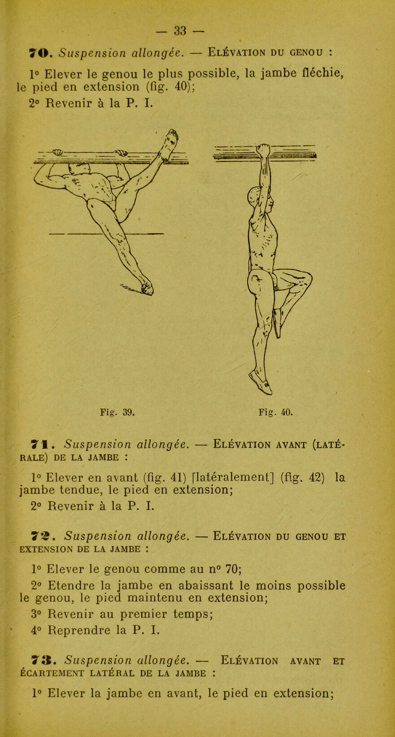 70. Suspension allongée. — Elévation du genou : 1° Elever le genou le plus possible, la jambe fléchie, le pied en extension (fig. 40); 2° Revenir à la P. I. 71. Suspension allongée. — Elévation avant (laté- rale) DE LA JAMBE : 1° Elever en avant (fig. 41) [latéralement] (fig. 42) la jambe tendue, le pied en extension; 7*£. Suspension allongée. — Elévation du genou et EXTENSION DE LA JAMBE : 1° Elever le genou comme au n° 70; 2° Etendre la jambe en abaissant le moins possible le genou, le pied maintenu en extension; 3° Revenir au premier temps; 73. Suspension allongée. — Elévation avant et ÉCARTEMENT LATÉRAL DE LA JAMBE : 1° Elever la jambe en avant, le pied en extension;