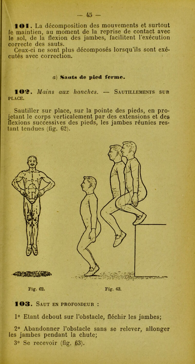 flOI. La décomposition des mouvements et surtout le maintien, au moment de la reprise de contact avec le sol, de la flexion des jambes, facilitent l’exécution correcte des sauts. Ceux-ci ne sont plus décomposés lorsqu’ils sont exé- cutés avec correction. 1 a) Sauts «le pied ferme. lOi. Mai ns aux hanches. — Sautillements sur place. Sautiller sur place, sur la pointe des pieds, en pro- jetant le corps verticalement par des extensions et des flexions successhes des pieds, les jambes réunies res- tant tendues (fig. 62). Fig. 62. Fig. 63. 103. Saut en profondeur : 1° Etant debout sur l’obstacle, fléchir les jambes; 2° Abandonner l’obstacle sans se relever, allonger les jambes pendant la chute;